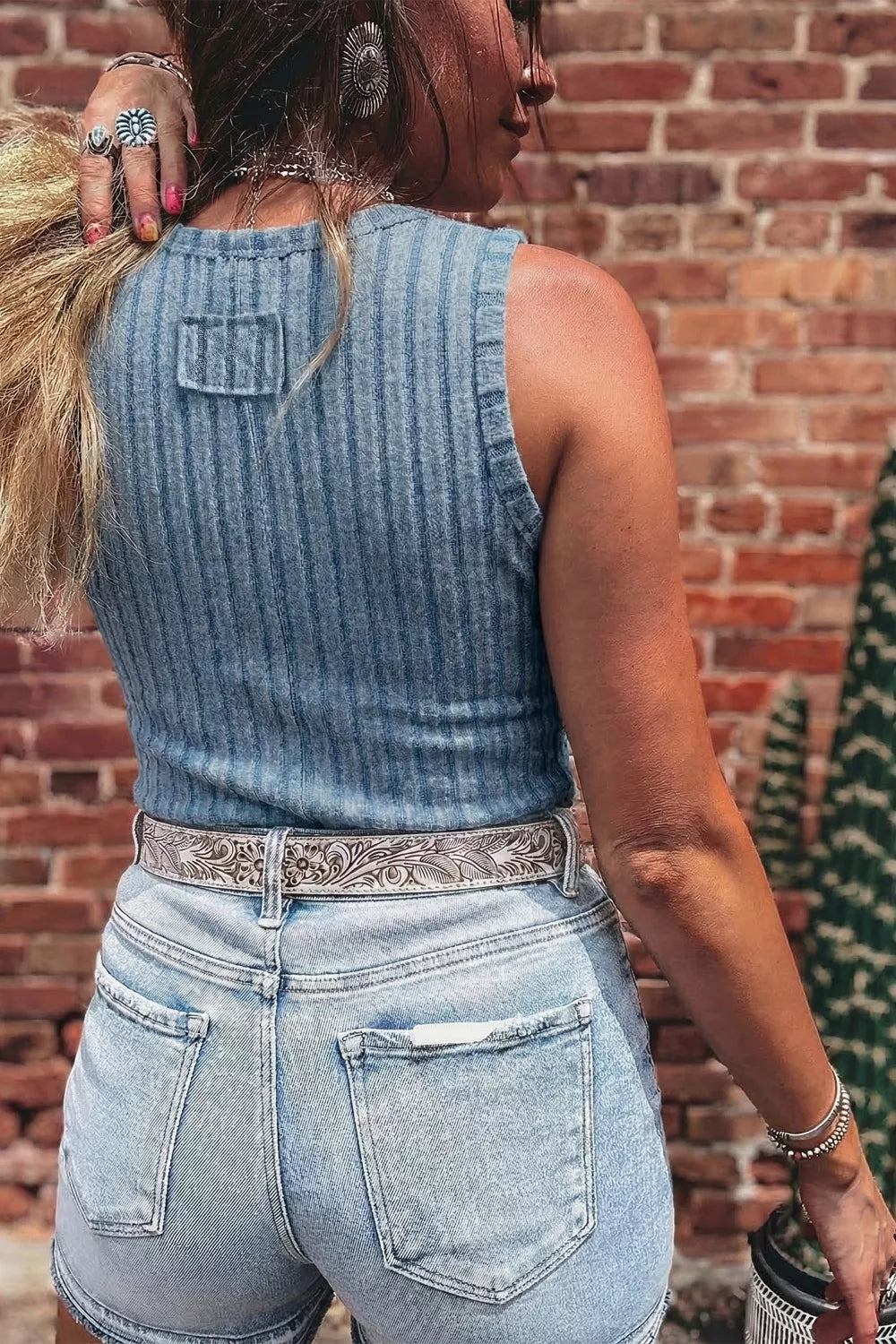 Dusty blue slim ribbed mineral wash tank top from Trendsi, featuring a fitted design and sleeveless style.