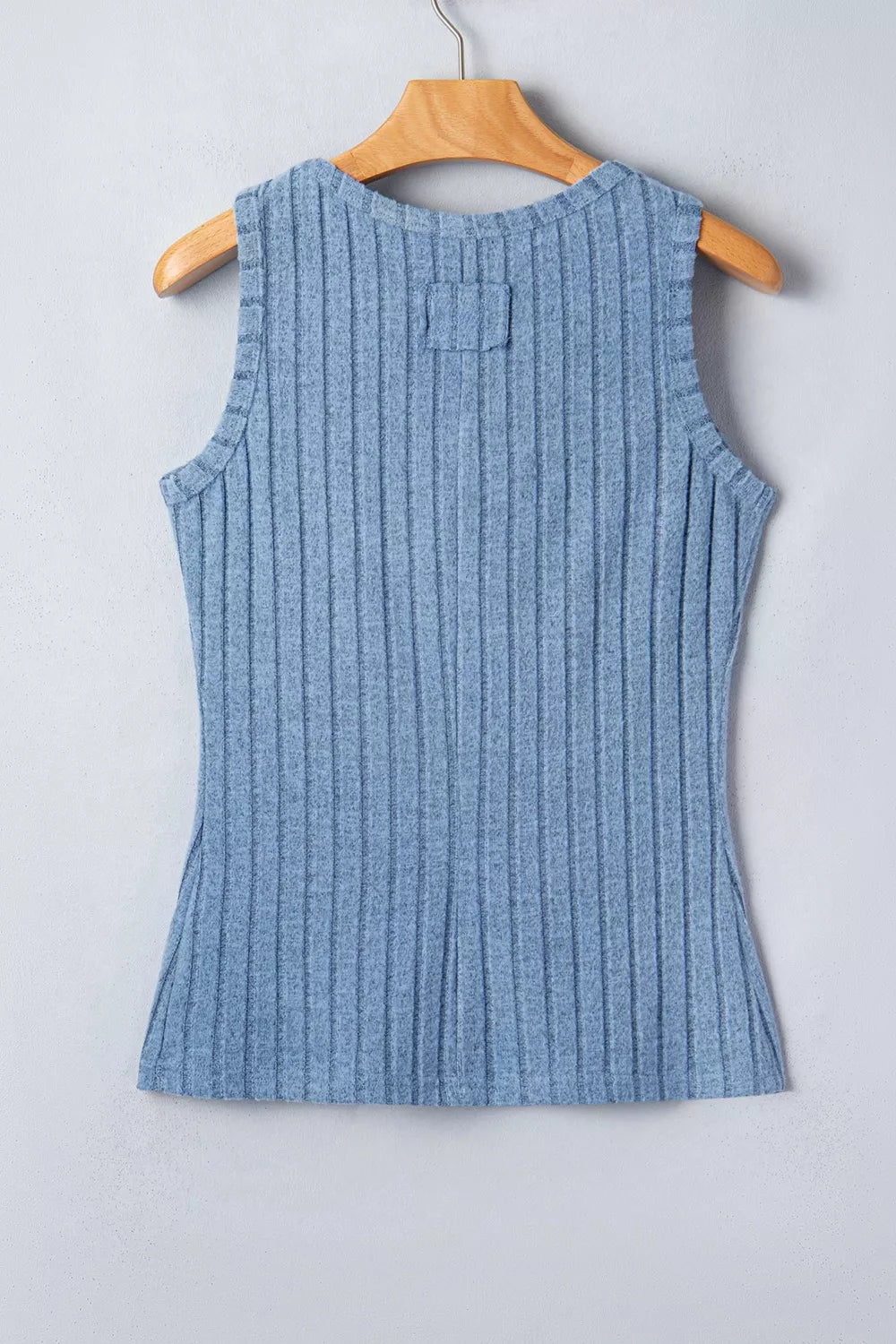 Dusty blue slim ribbed mineral wash tank top from Trendsi, featuring a fitted sleeveless design and textured fabric.