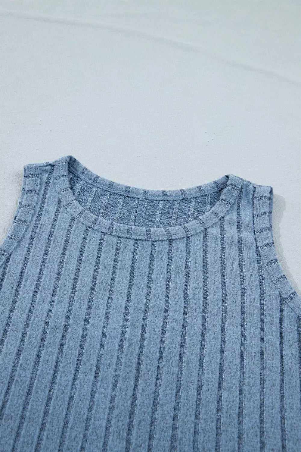Dusty blue Trendsi Slim Ribbed Mineral Wash Tank Top, front view showing fitted sleeveless design and ribbed texture.