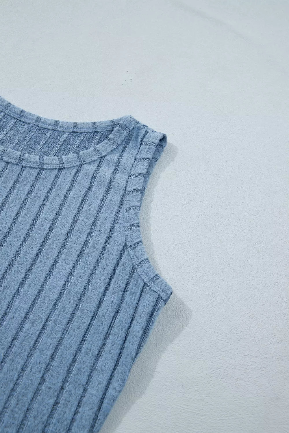 Slim ribbed mineral wash tank top in dusty blue from Trendsi, featuring a fitted sleeveless design and textured fabric.