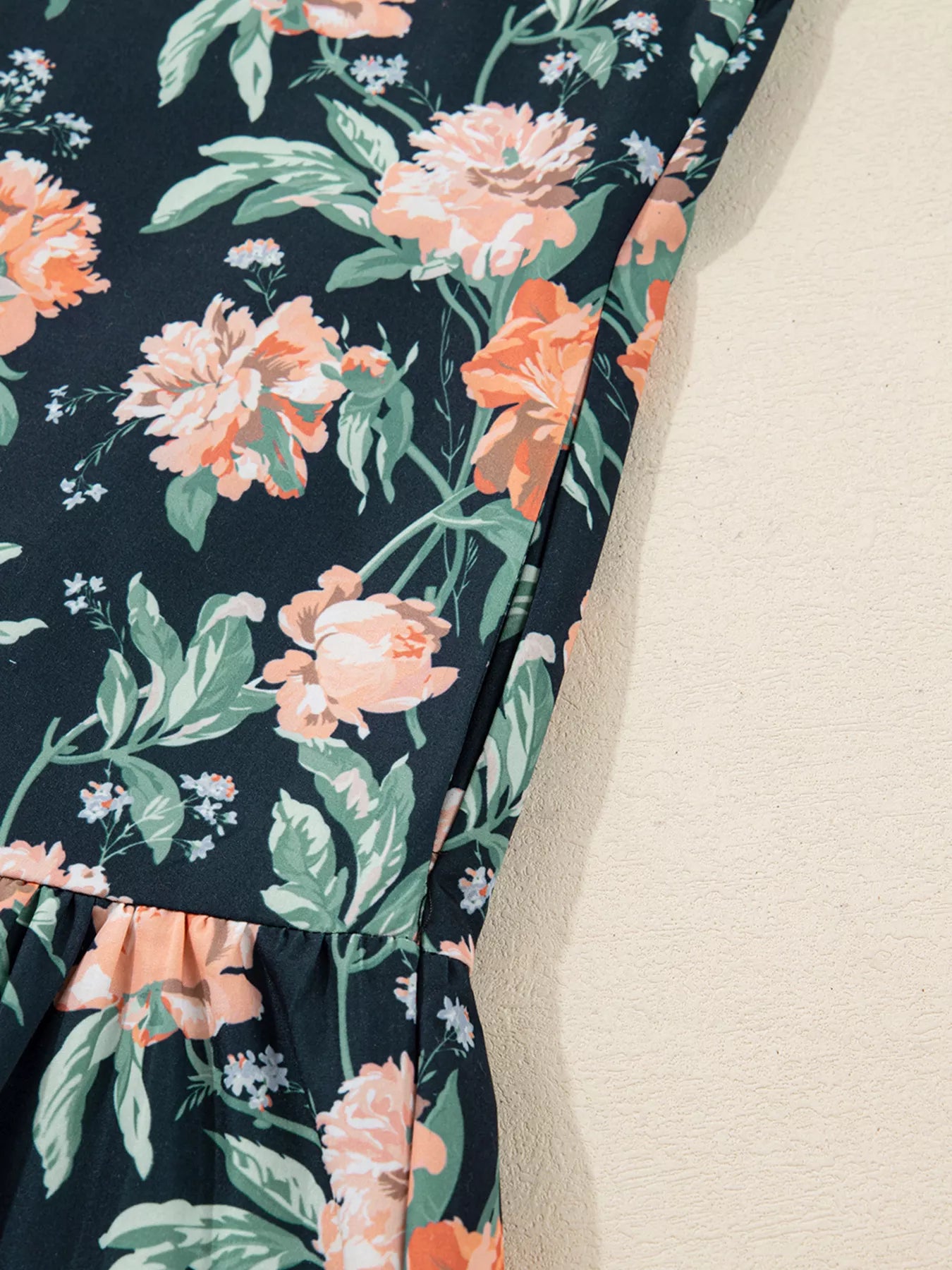 Floral print striped trim V-neck long sleeve shift mini dress with ruffle hem, designed by Trendsi.