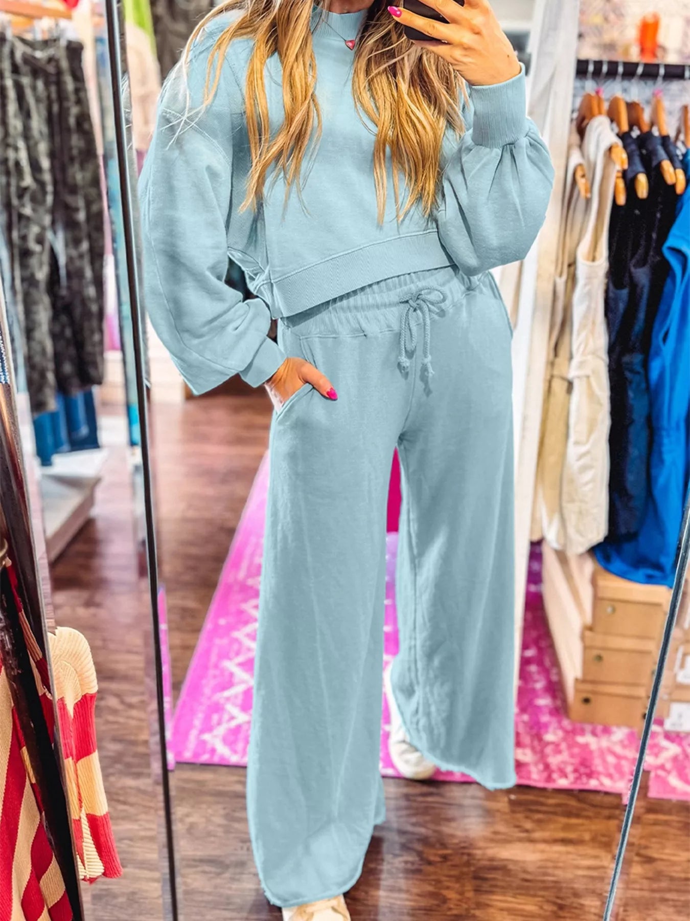 Green drop shoulder puff sleeve crop top with matching drawstring wide-leg pants set by Trendsi, stylish and comfortable for casual wear.