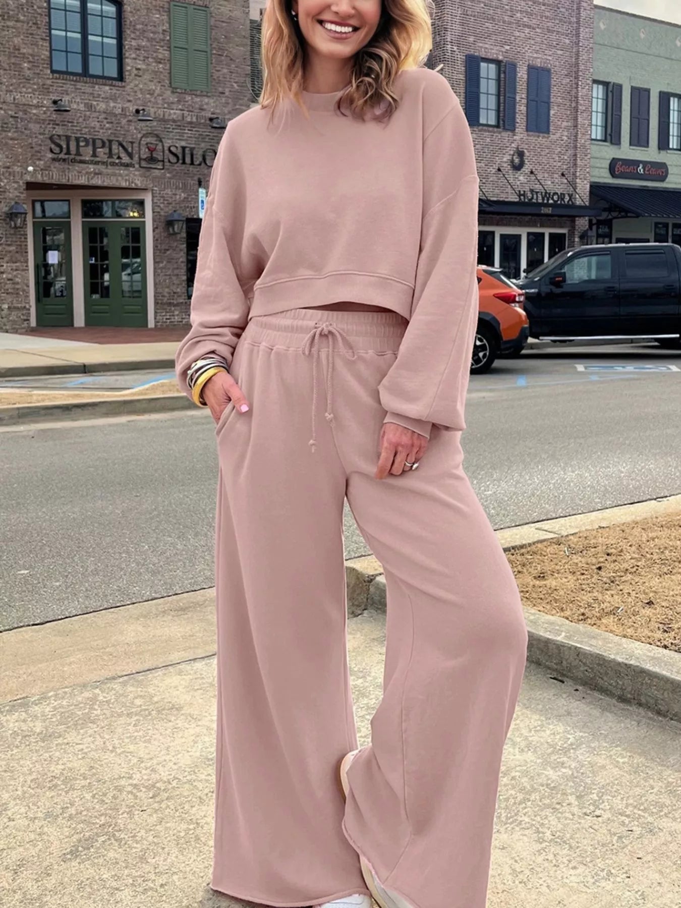 Green drop shoulder puff sleeve crop top with drawstring wide-leg pants set by Trendsi, stylish and comfortable matching outfit.