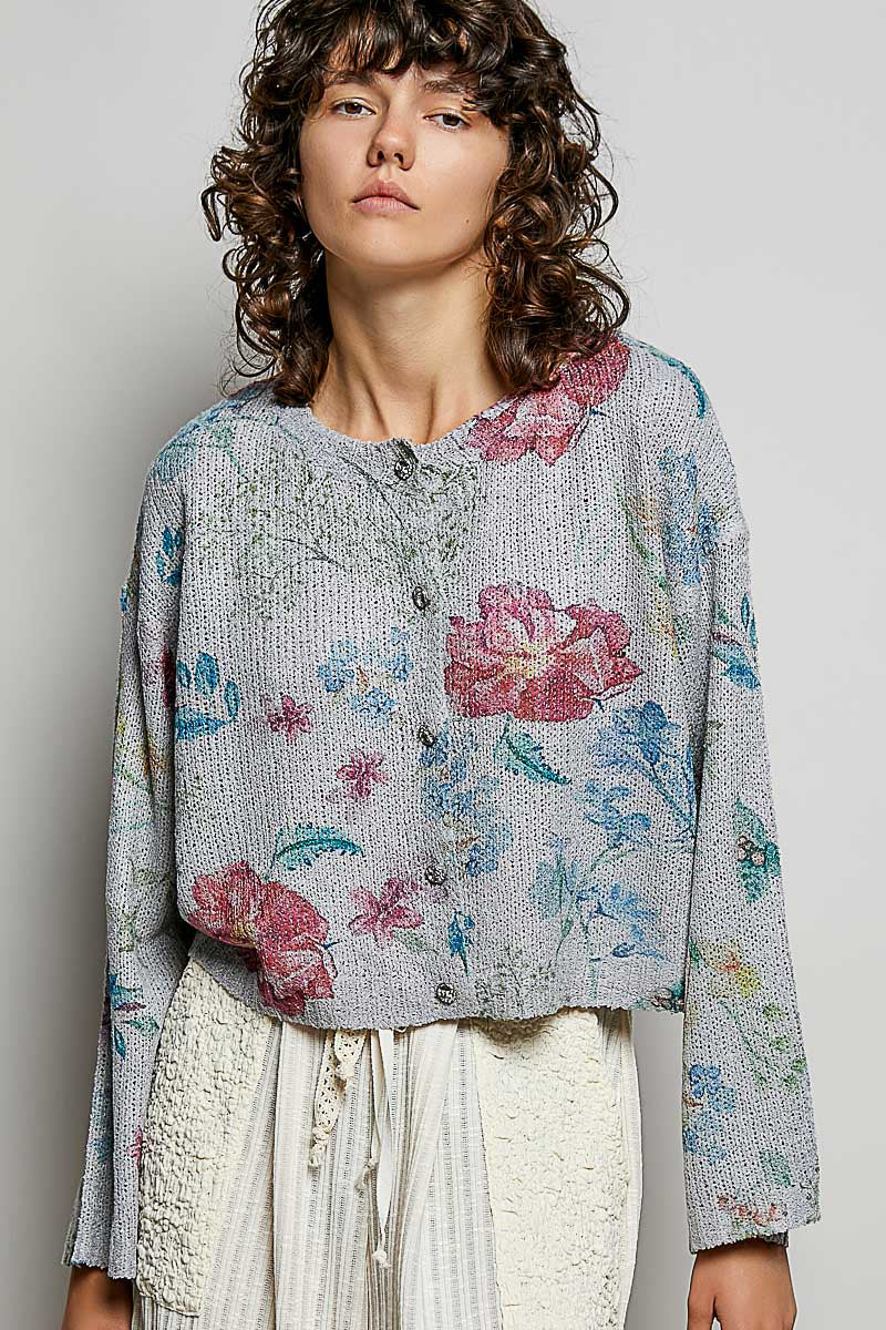Heather grey floral print button-down knit cardigan by Trendsi, featuring a relaxed fit and floral pattern on soft knit fabric.