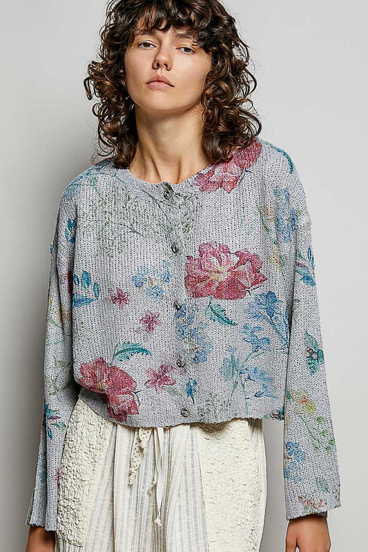 Heather grey floral print button-down knit cardigan by Trendsi, featuring a relaxed fit and floral pattern on soft knit fabric.