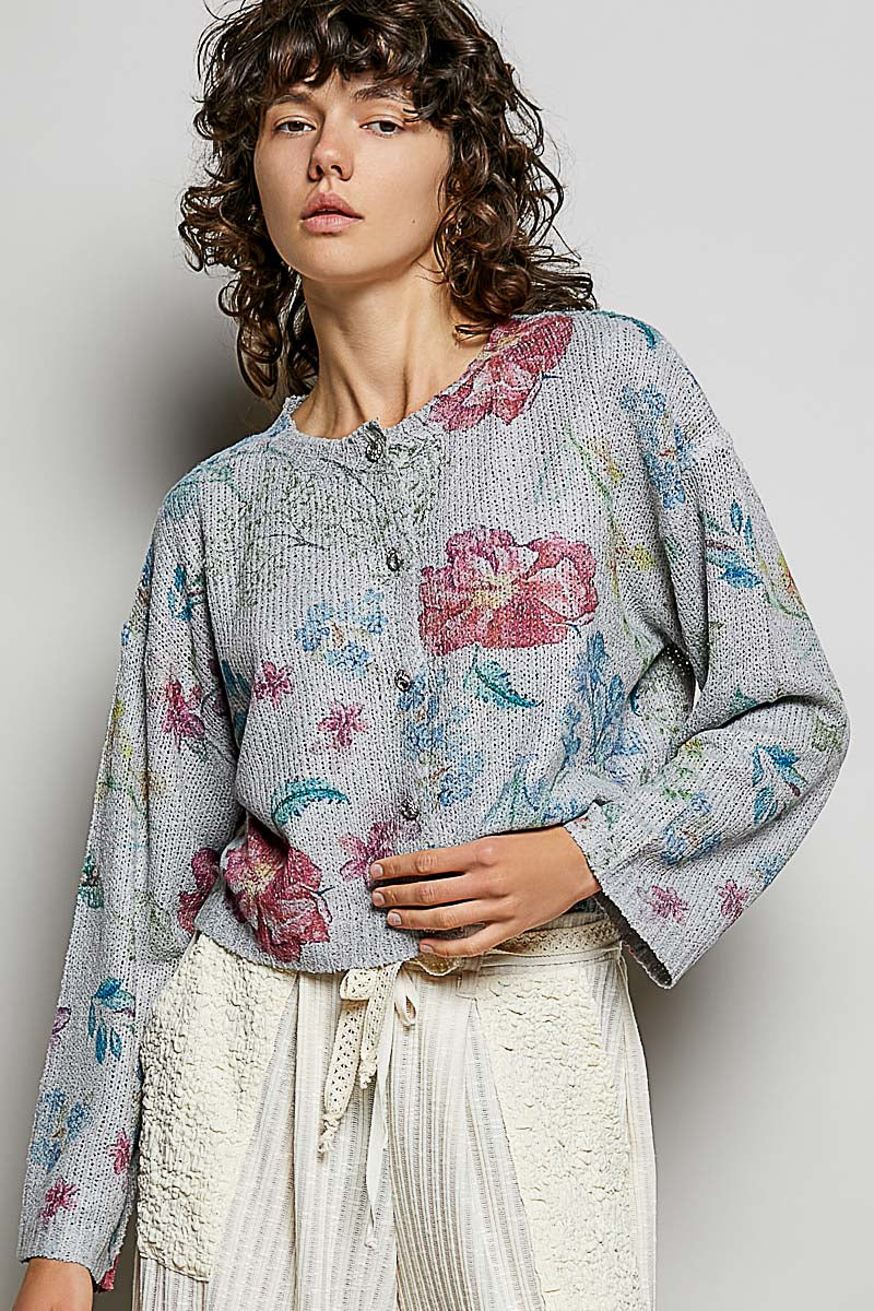 Heather grey floral print knit cardigan with button-down front by Trendsi, featuring a cozy, stylish design.