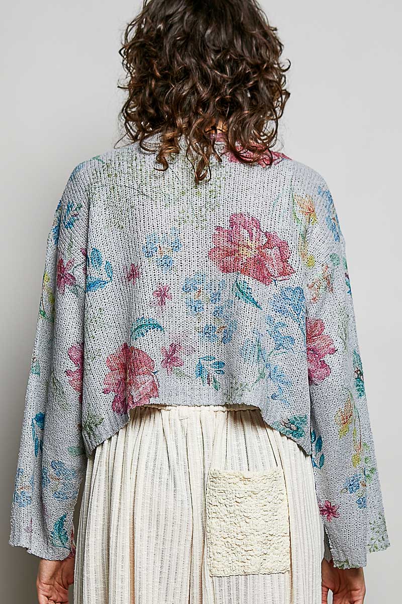 Heather grey floral print button-down knit cardigan from Trendsi, featuring a cozy, stylish design with front buttons and long sleeves.