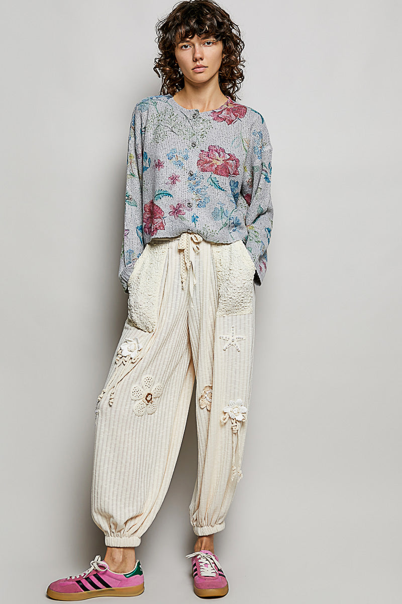 Heather grey floral print knit cardigan by Trendsi, featuring button-down front and long sleeves.