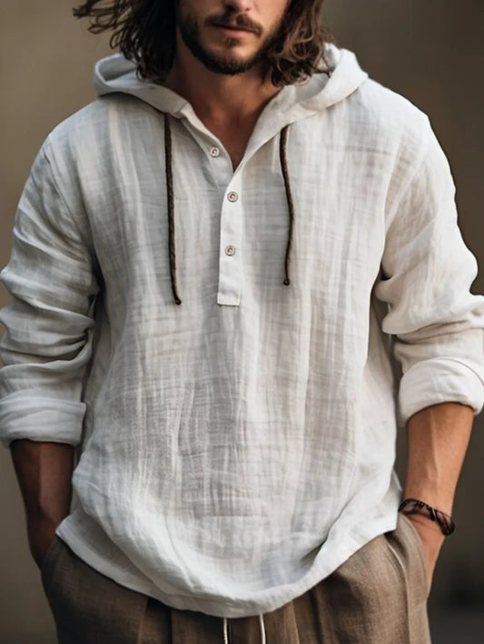 Men's ivory long sleeve hoodie with half-button front, full size, from Trendsi, featuring a casual, comfortable design.
