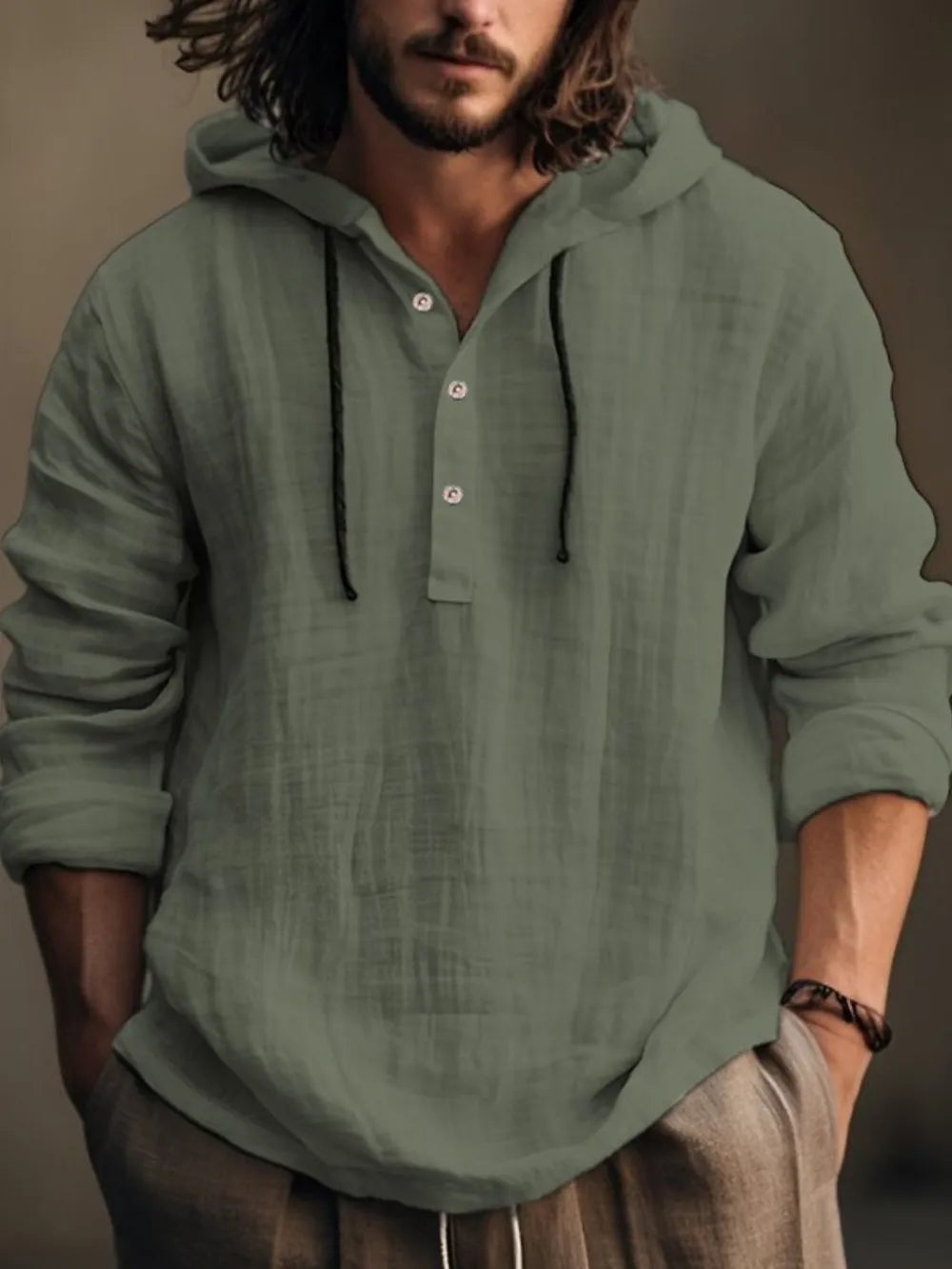 Men's ivory full-size long sleeve hoodie with half button front, casual style, from Trendsi.