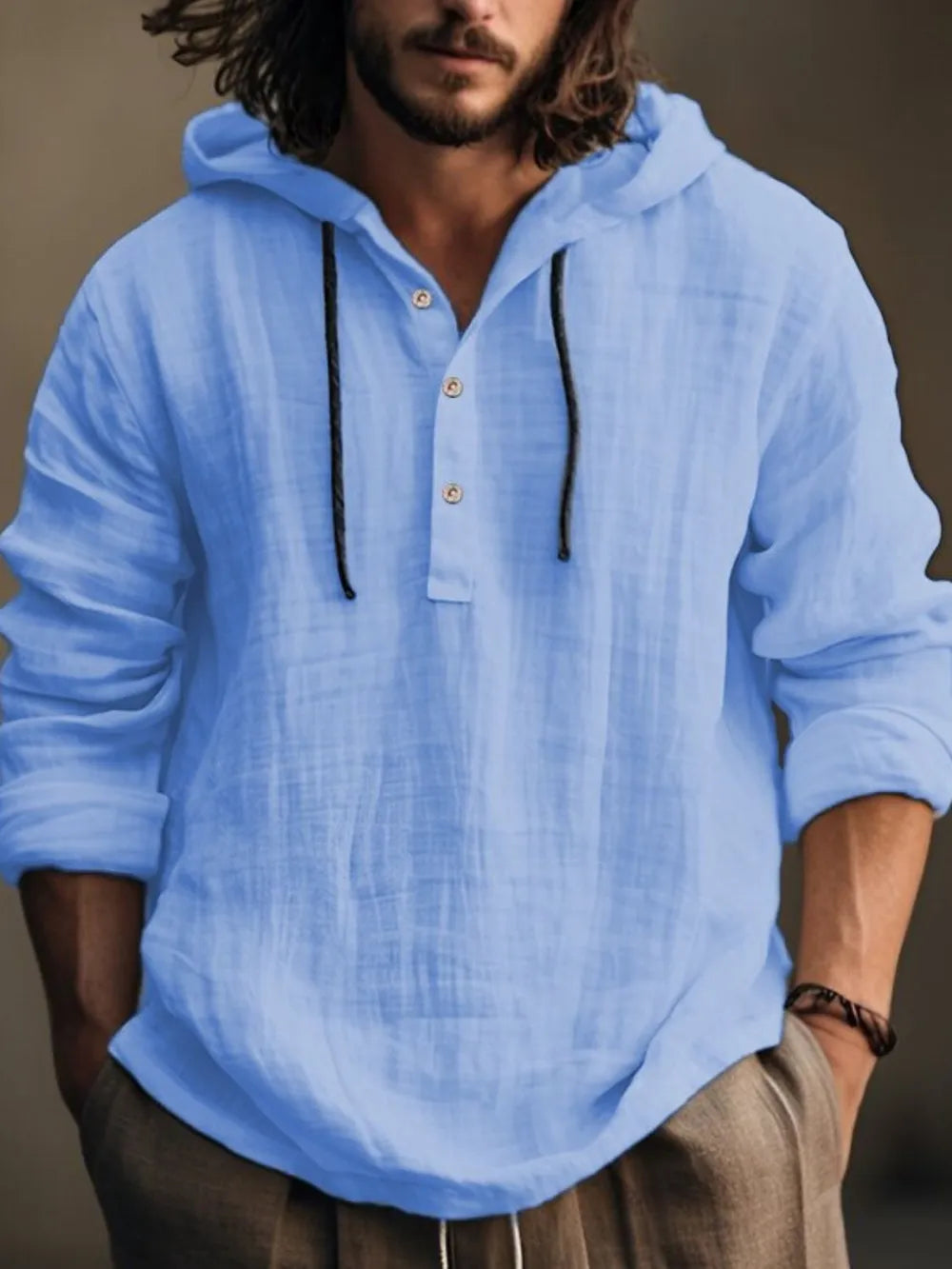 Men's ivory full-size long sleeve hoodie with half-button front and hood, from Trendsi.