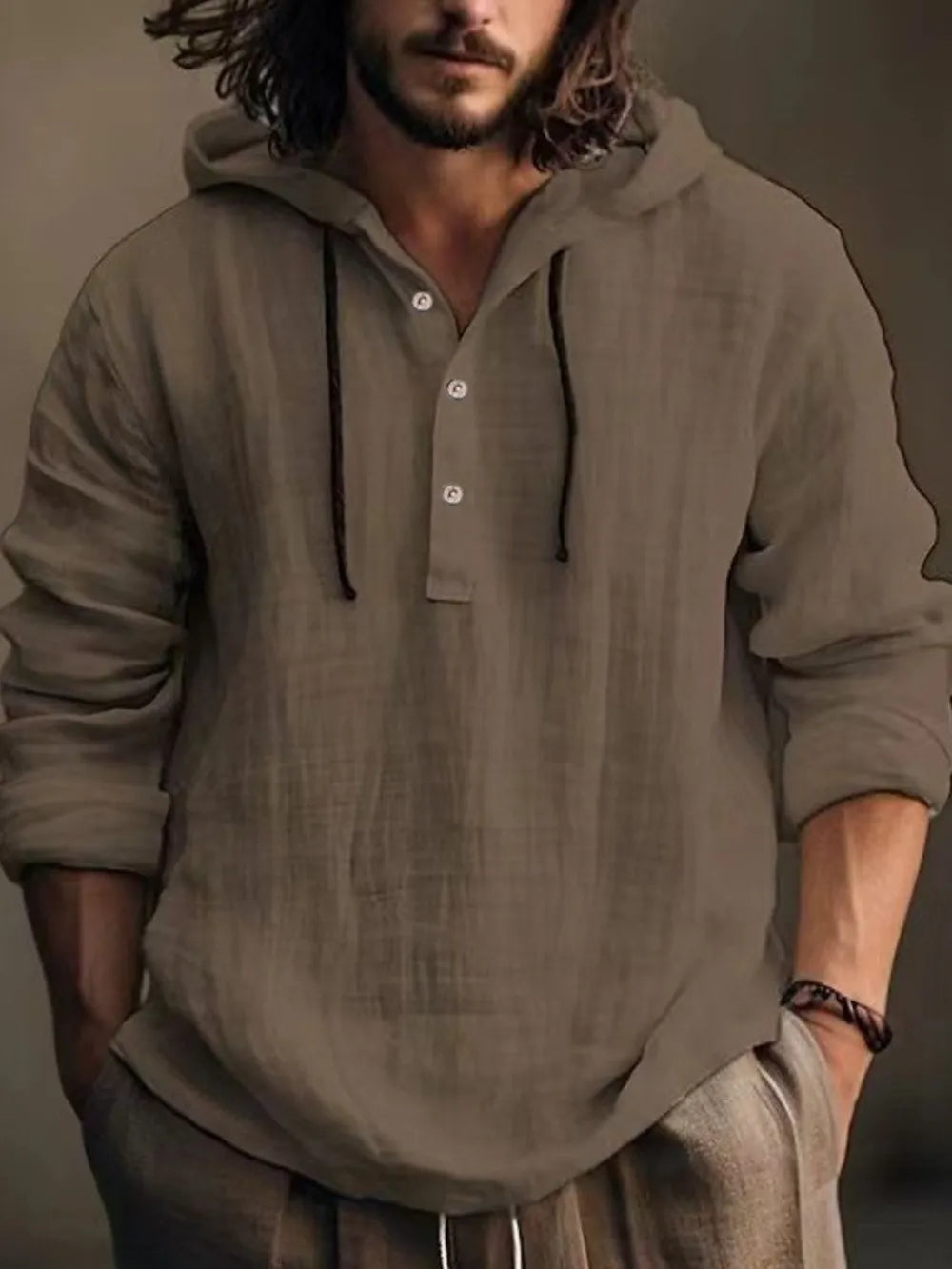Men's ivory long sleeve hoodie with half button front, full size, from Trendsi, featuring a casual, comfortable design.