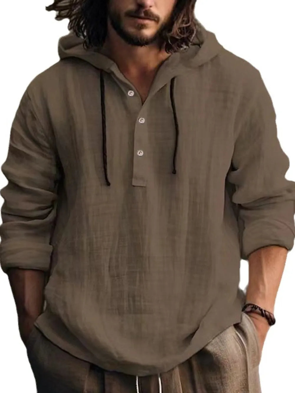 Men's ivory full-size long sleeve hoodie with half-button front from Trendsi, featuring a casual, comfortable fit and long sleeves.