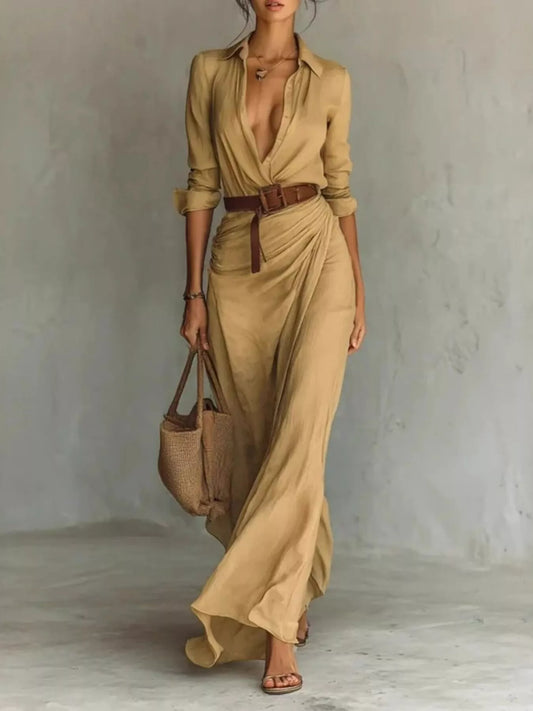 Khaki plus size ruched long sleeve maxi dress by Trendsi, full length with fitted waist and flowing skirt.