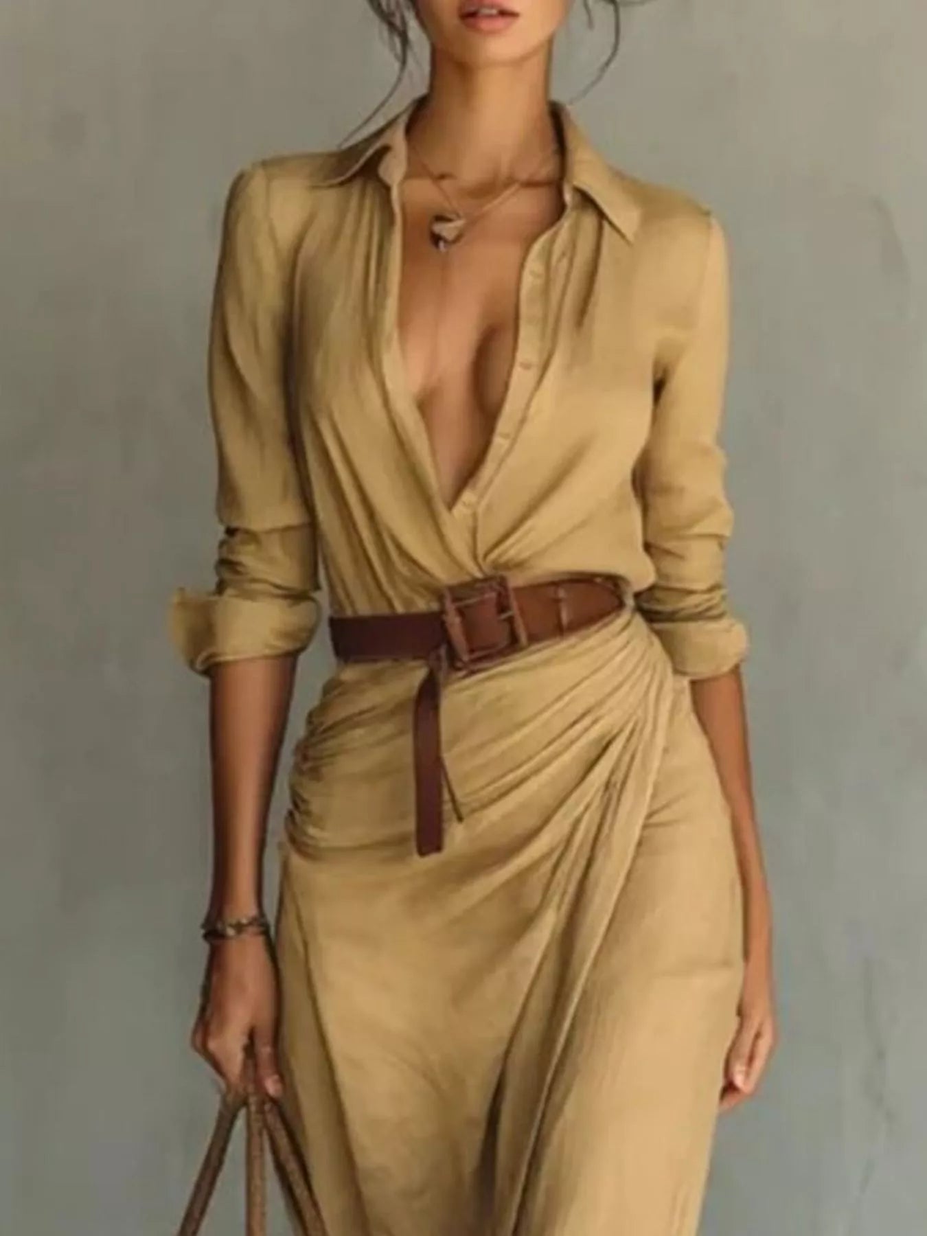 Plus size khaki maxi dress with ruched long sleeves, full-length, trendy design by Trendsi, perfect for casual or elegant occasions.