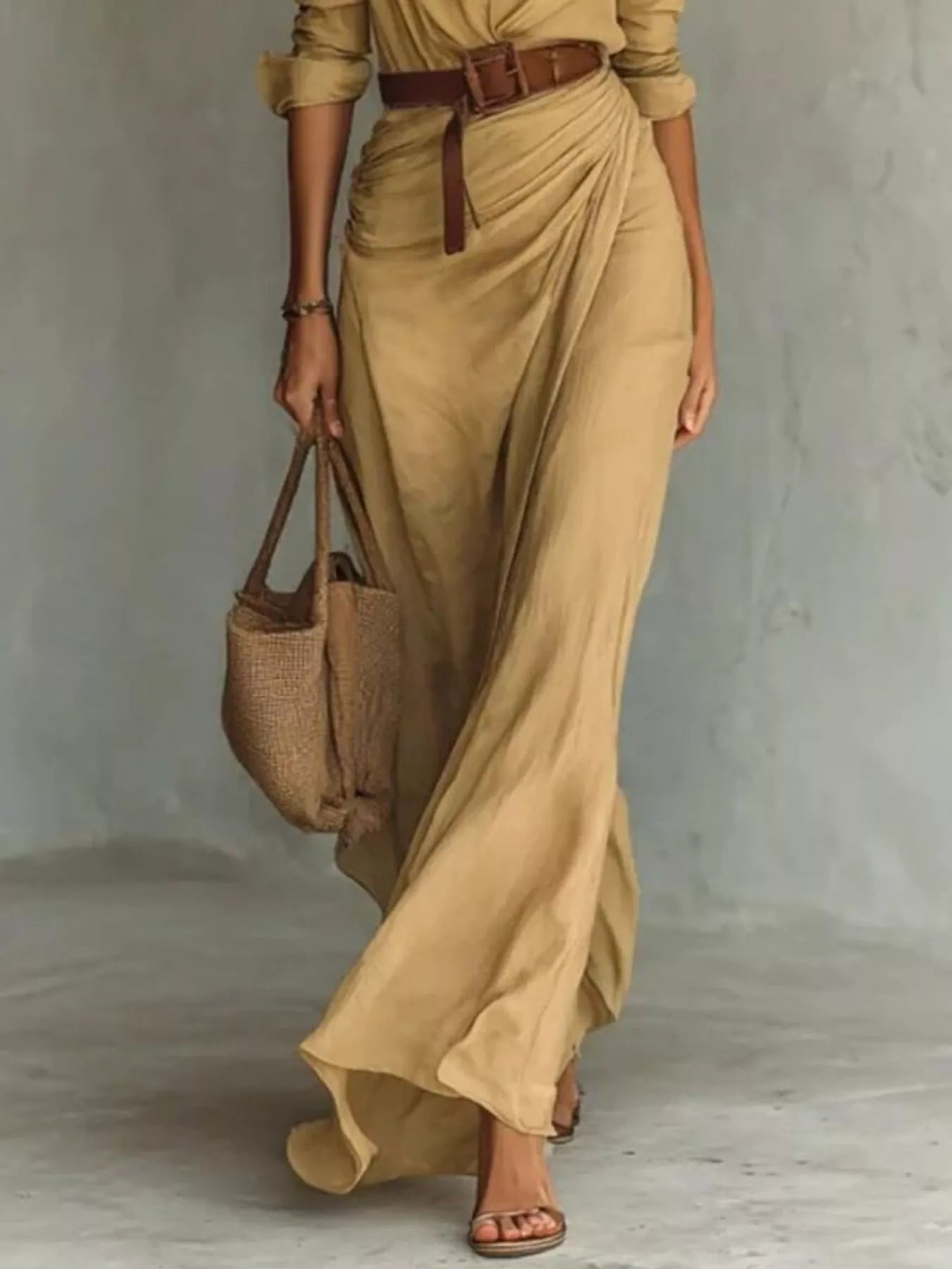 Plus size khaki maxi dress with ruched long sleeves, full length, trendy design by Trendsi.