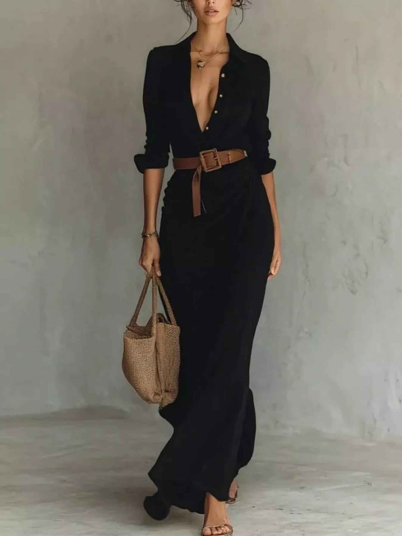 Khaki plus size full-length maxi dress with ruched long sleeves, stylish and comfortable by Trendsi.