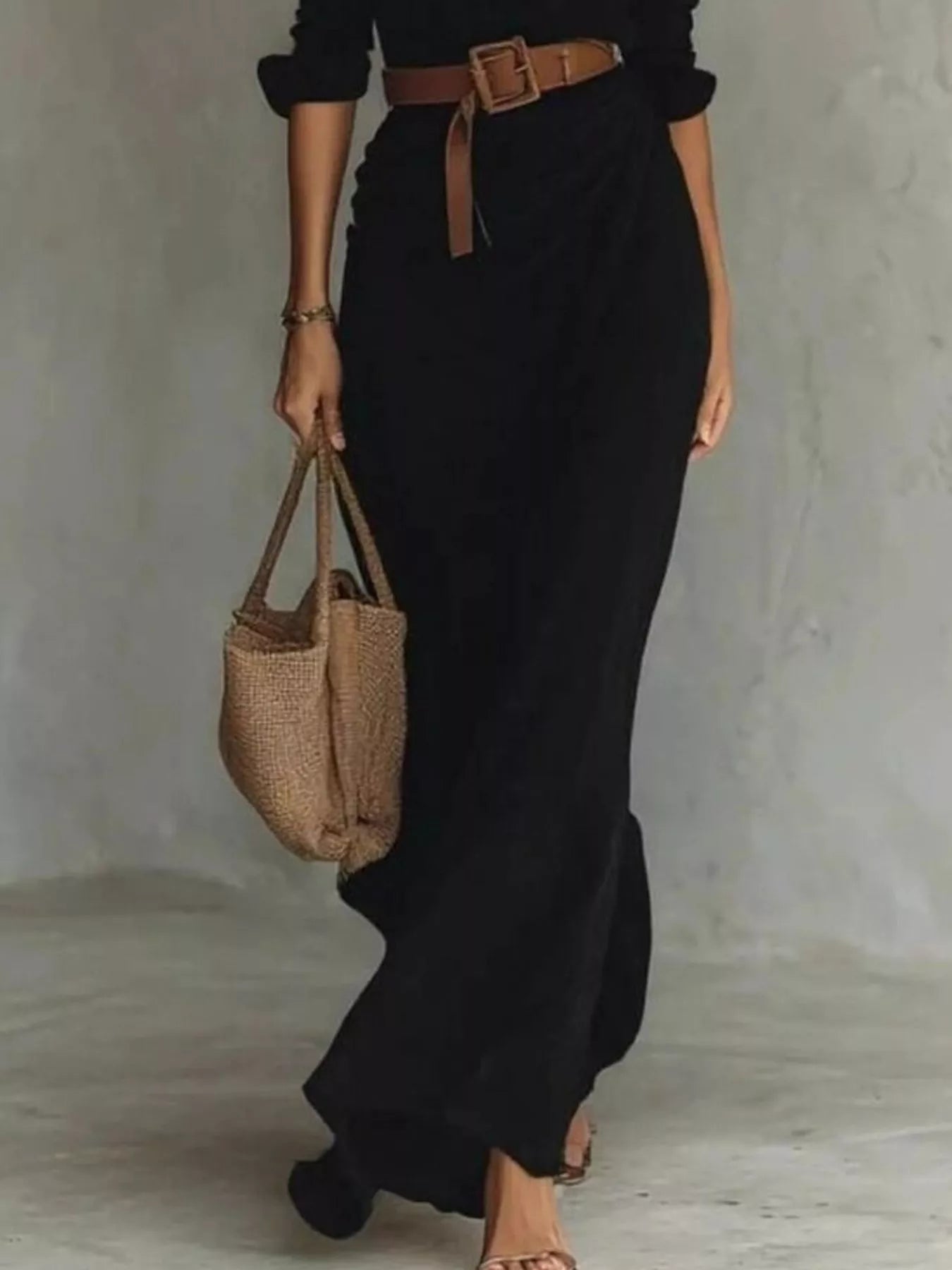 Khaki plus size full-length ruched long sleeve maxi dress by Trendsi, shown on a mannequin.