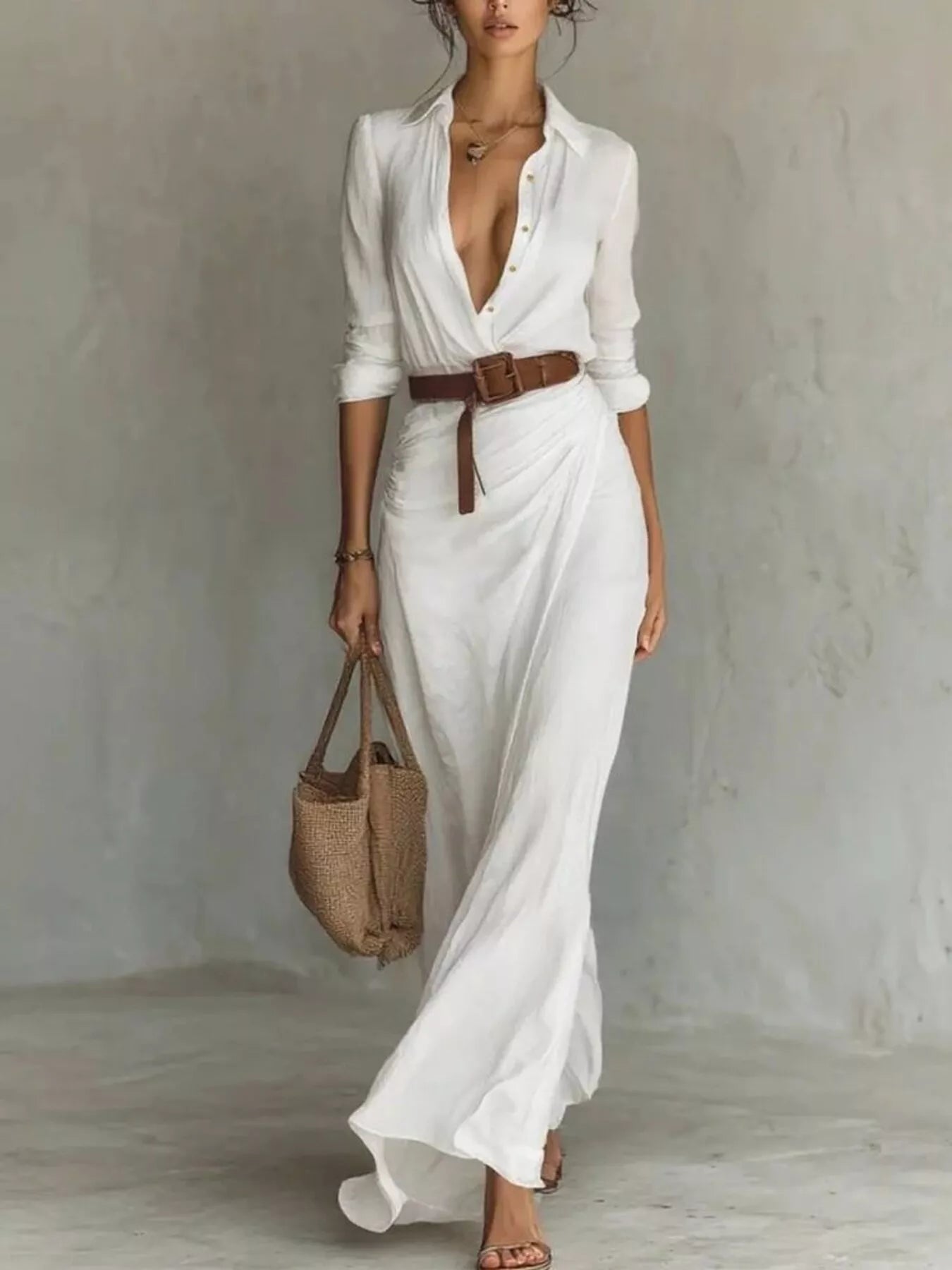 Plus size khaki maxi dress with long sleeves and ruched design by Trendsi, full length and stylish for elegant occasions.