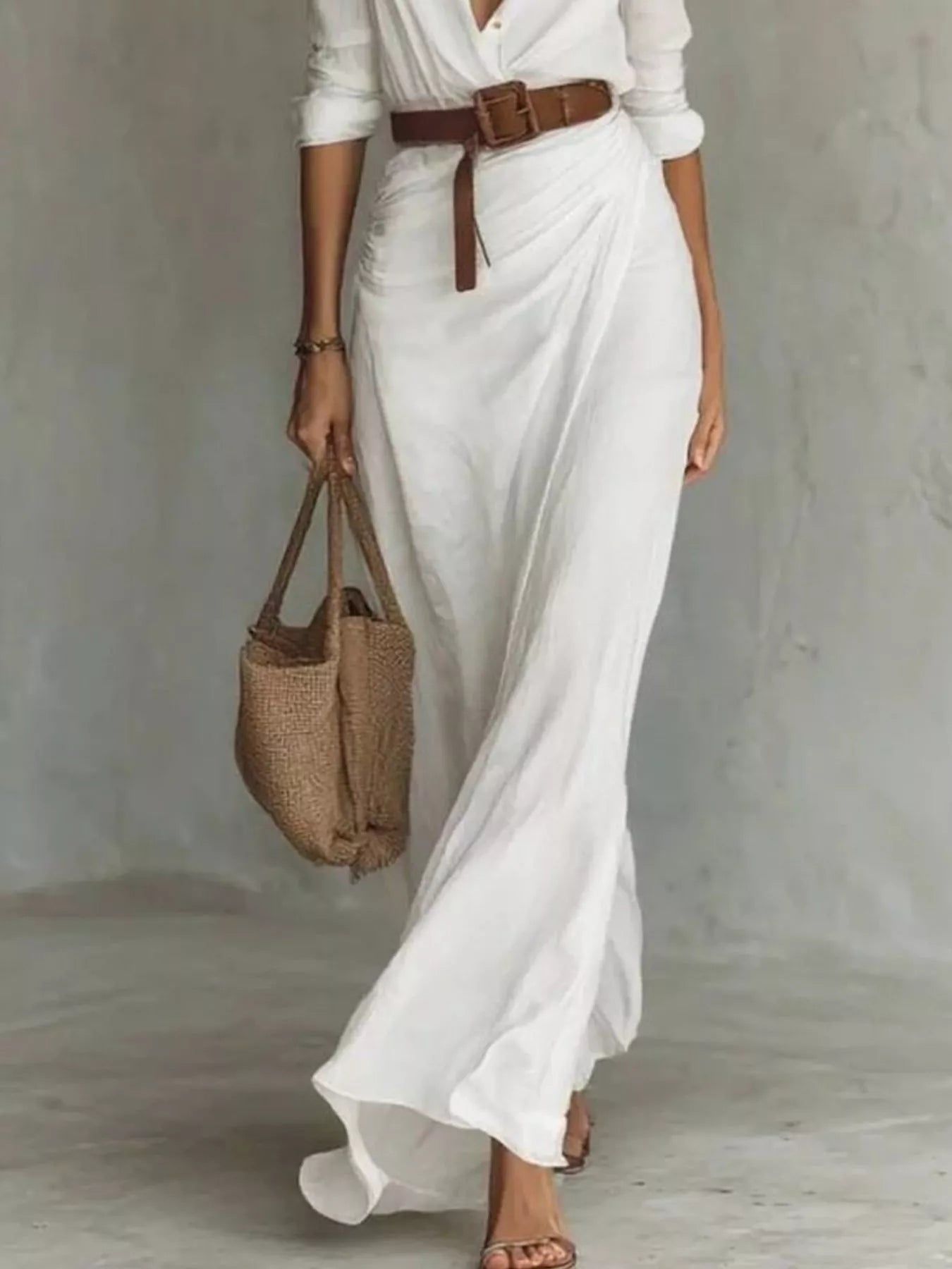 Plus size khaki maxi dress with long sleeves and ruched details from Trendsi, full-length design perfect for stylish occasions.