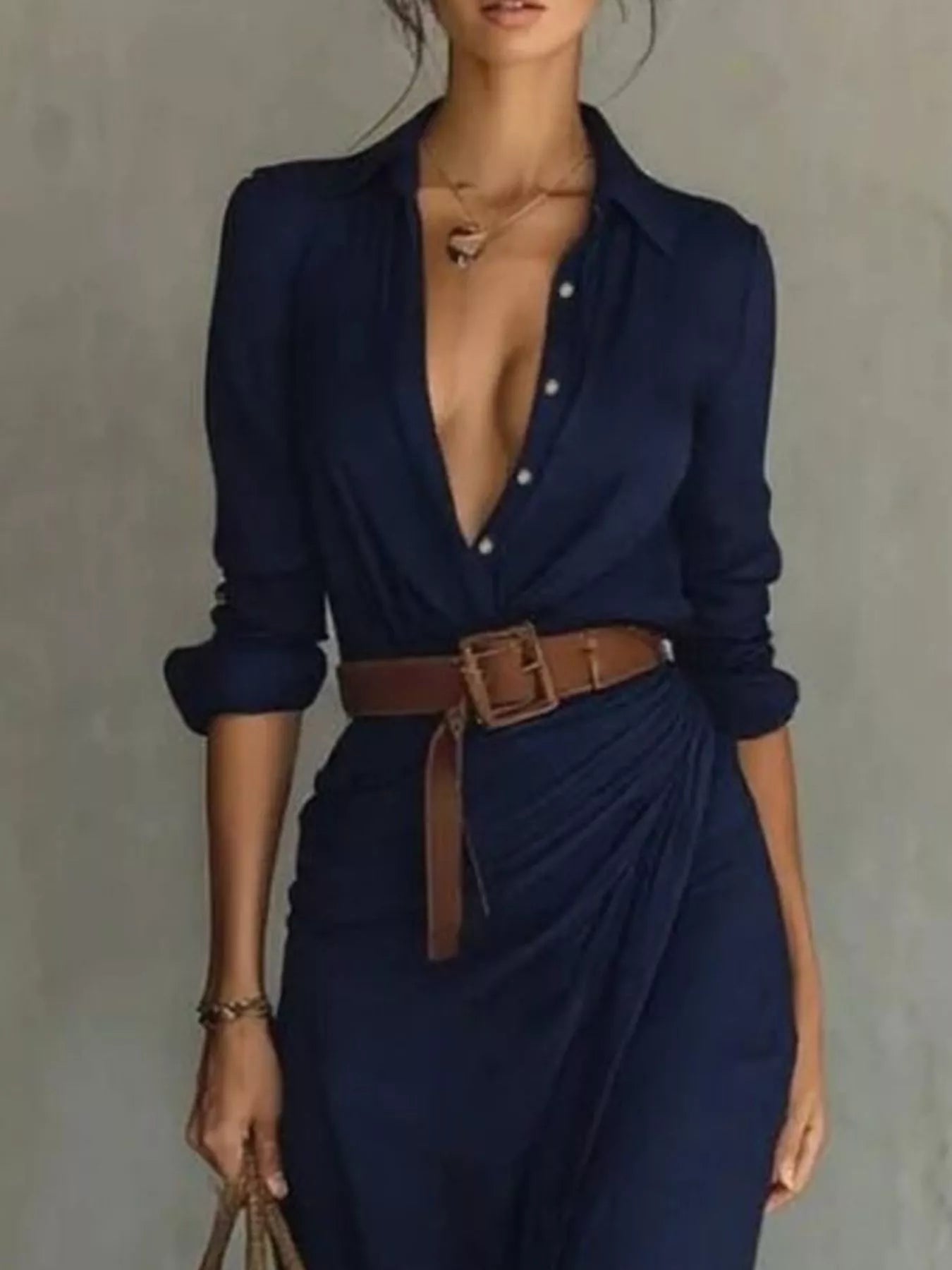 Plus size khaki maxi dress with long sleeves and ruched design by Trendsi, full-length, comfortable and stylish for casual wear.
