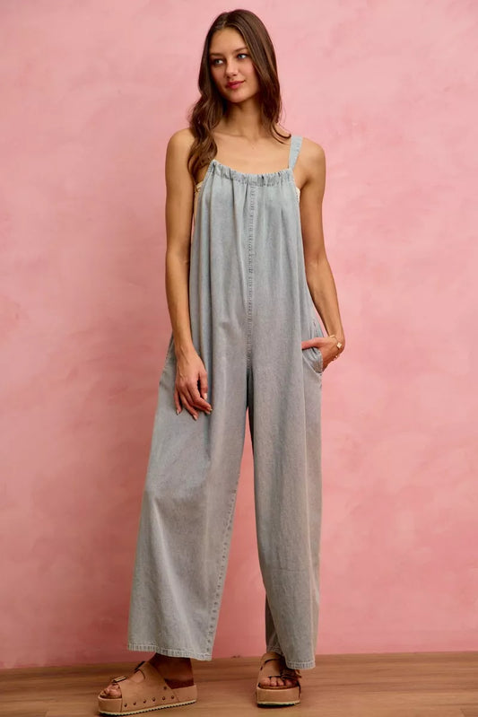 Light blue lightweight denim overalls with wide legs from SO ME by Trendsi, featuring adjustable straps and front pockets.