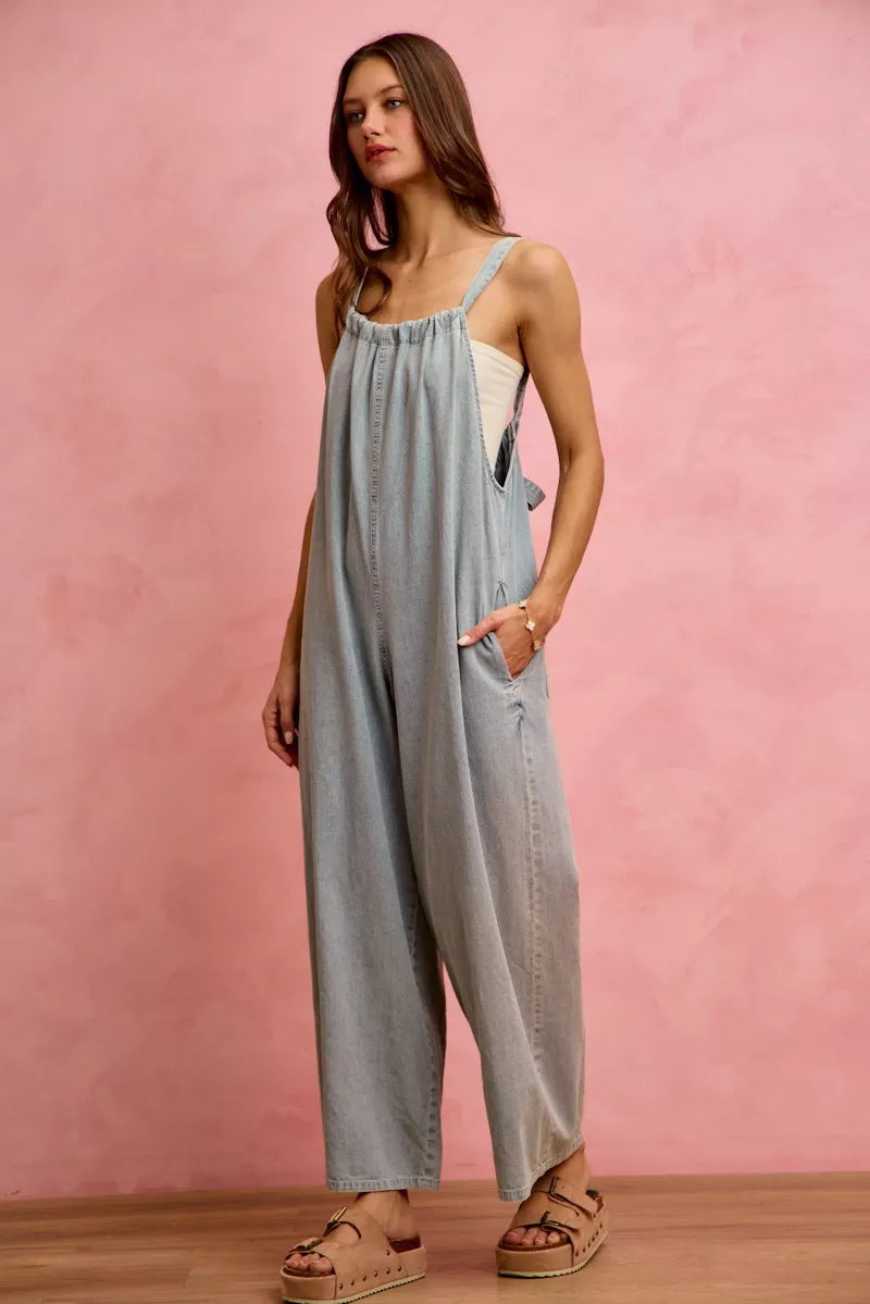 Light blue SO ME wide-leg lightweight denim overalls from Trendsi, featuring a relaxed fit and adjustable shoulder straps.