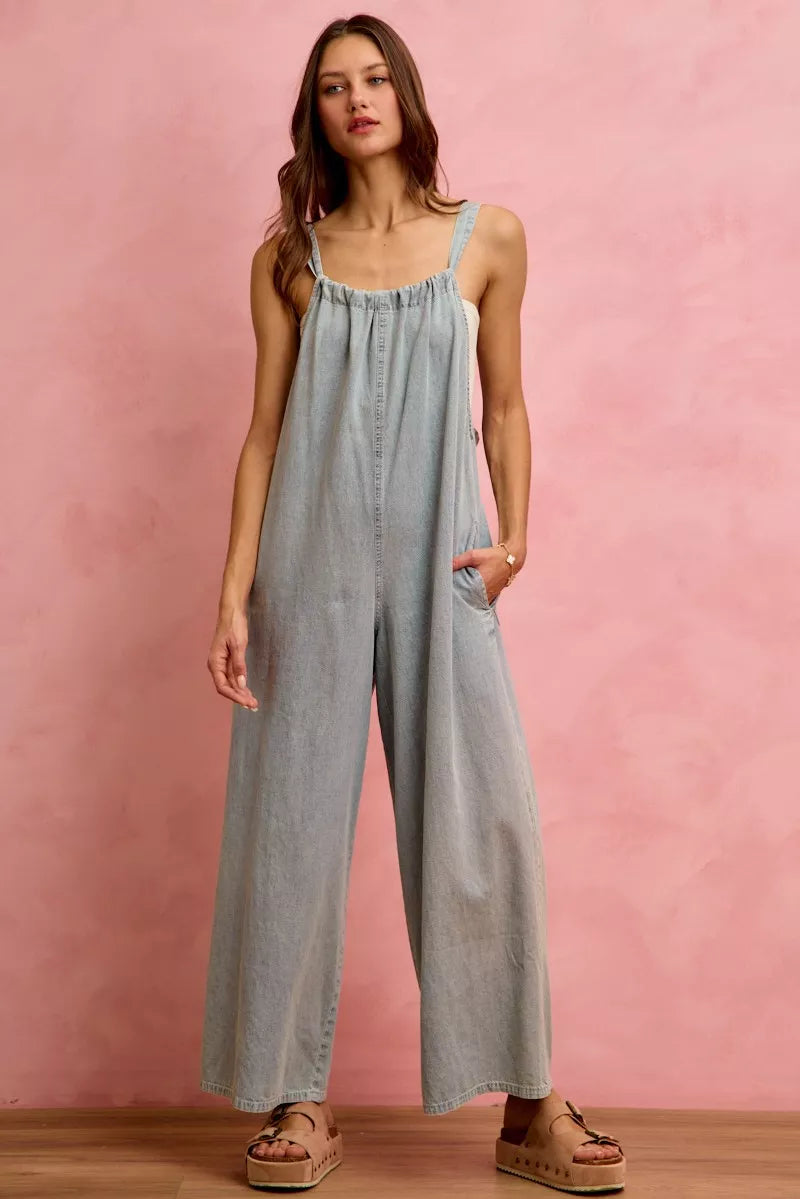 Light blue lightweight denim overalls from SO ME by Trendsi, featuring wide-leg design and adjustable straps.