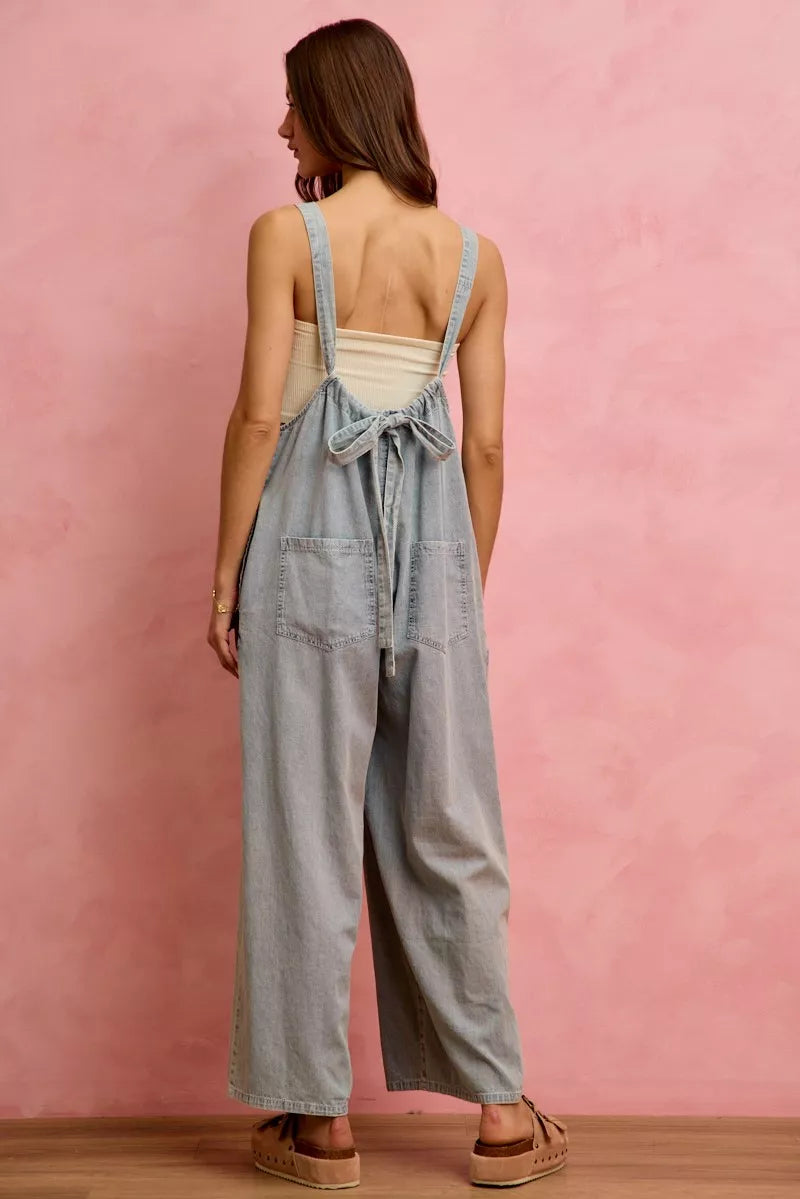 Light blue SO ME Wide Leg Lightweight Denim Overalls from Trendsi, featuring a relaxed fit and casual style.