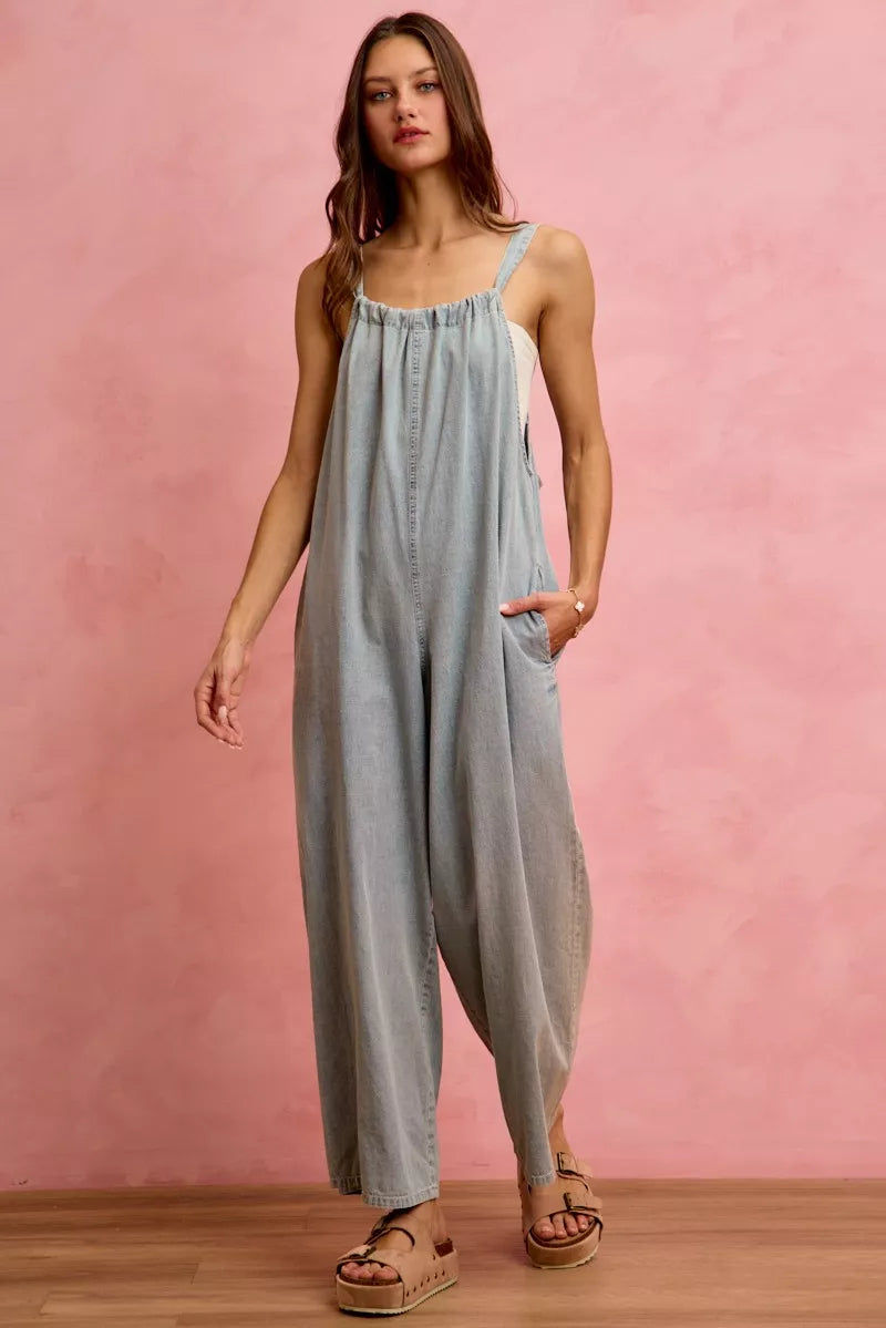 Light blue lightweight denim overalls with wide-leg fit from SO ME by Trendsi, shown on a model in a casual outdoor setting.
