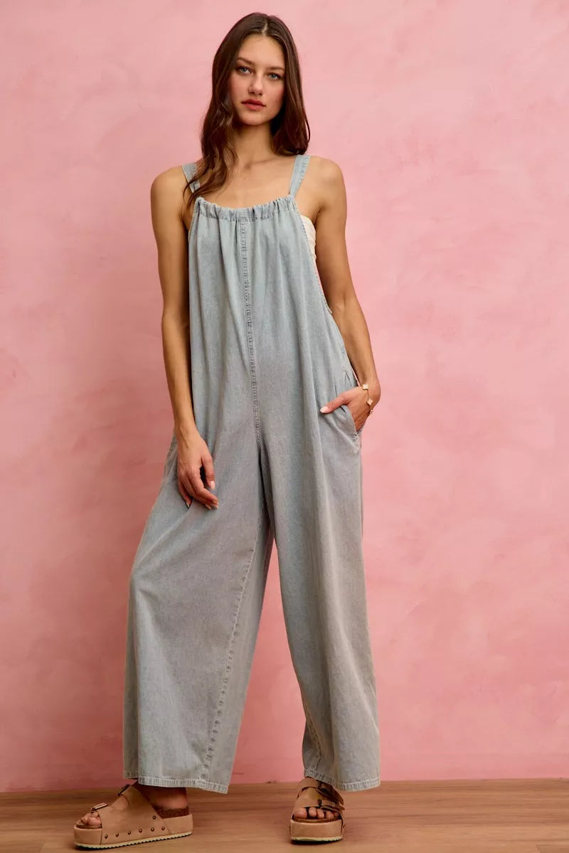 Light blue SO ME wide-leg lightweight denim overalls from Trendsi, featuring adjustable straps and a relaxed fit.
