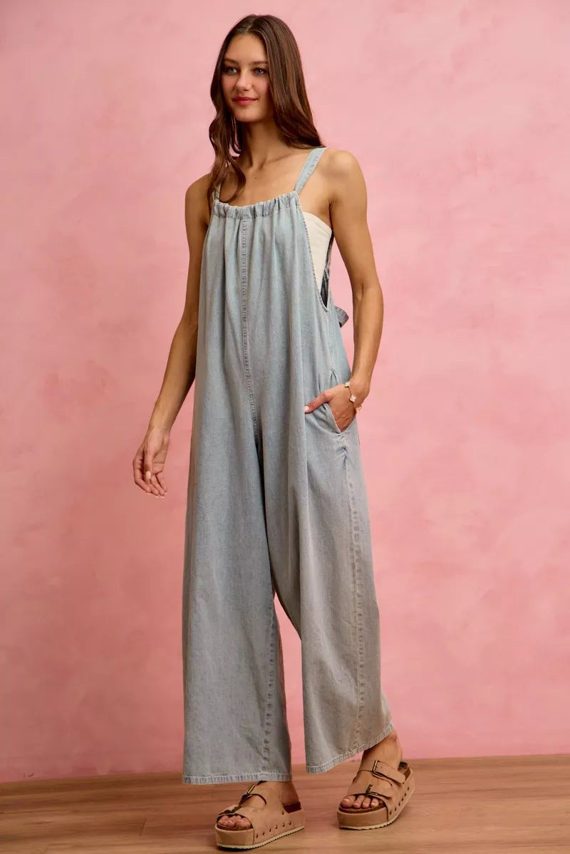 Light blue Trendsi SO ME wide-leg lightweight denim overalls with adjustable straps and front pockets, casual and comfortable fit.