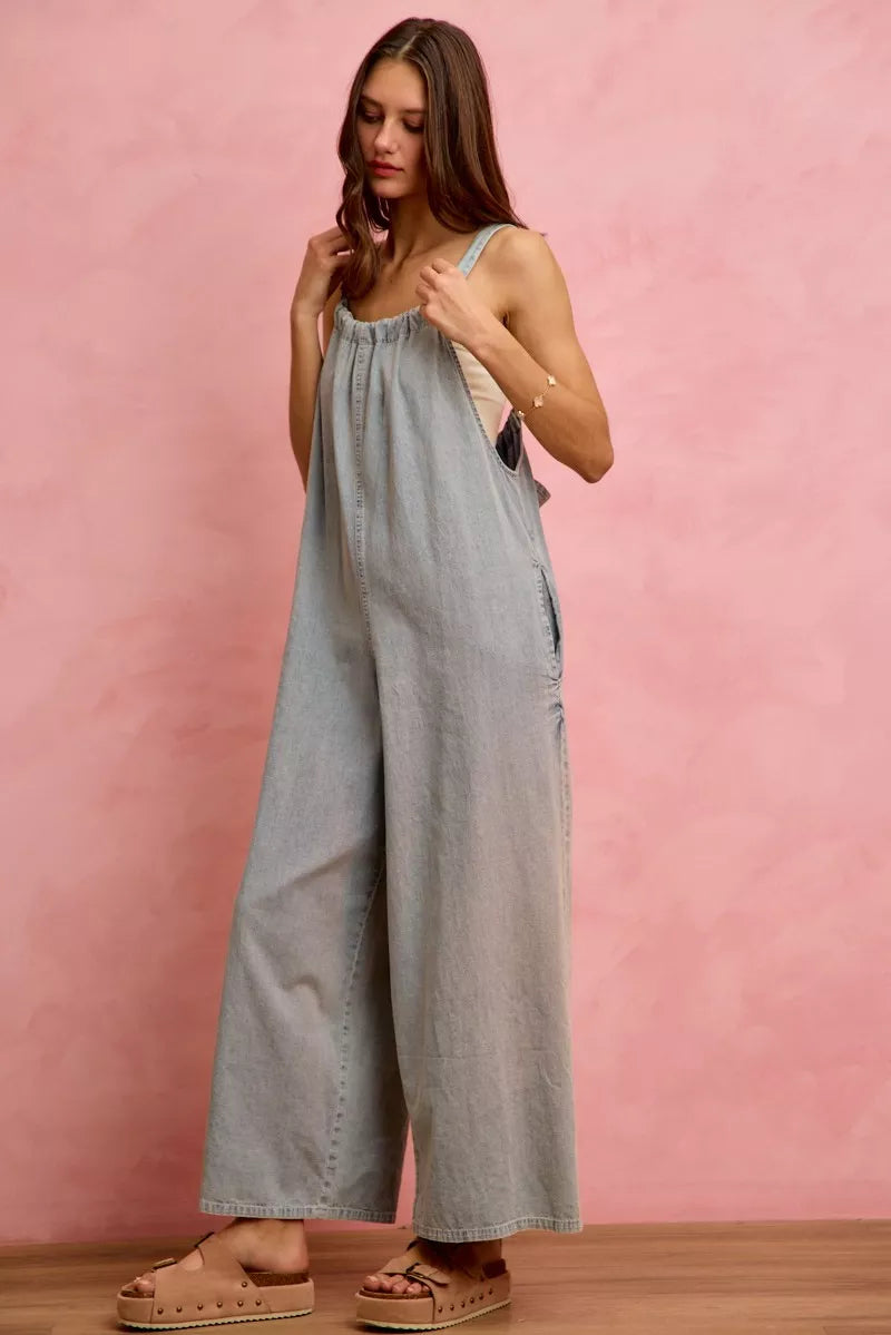 Light blue SO ME wide-leg denim overalls by Trendsi featuring lightweight, relaxed fit with adjustable shoulder straps and front pockets.