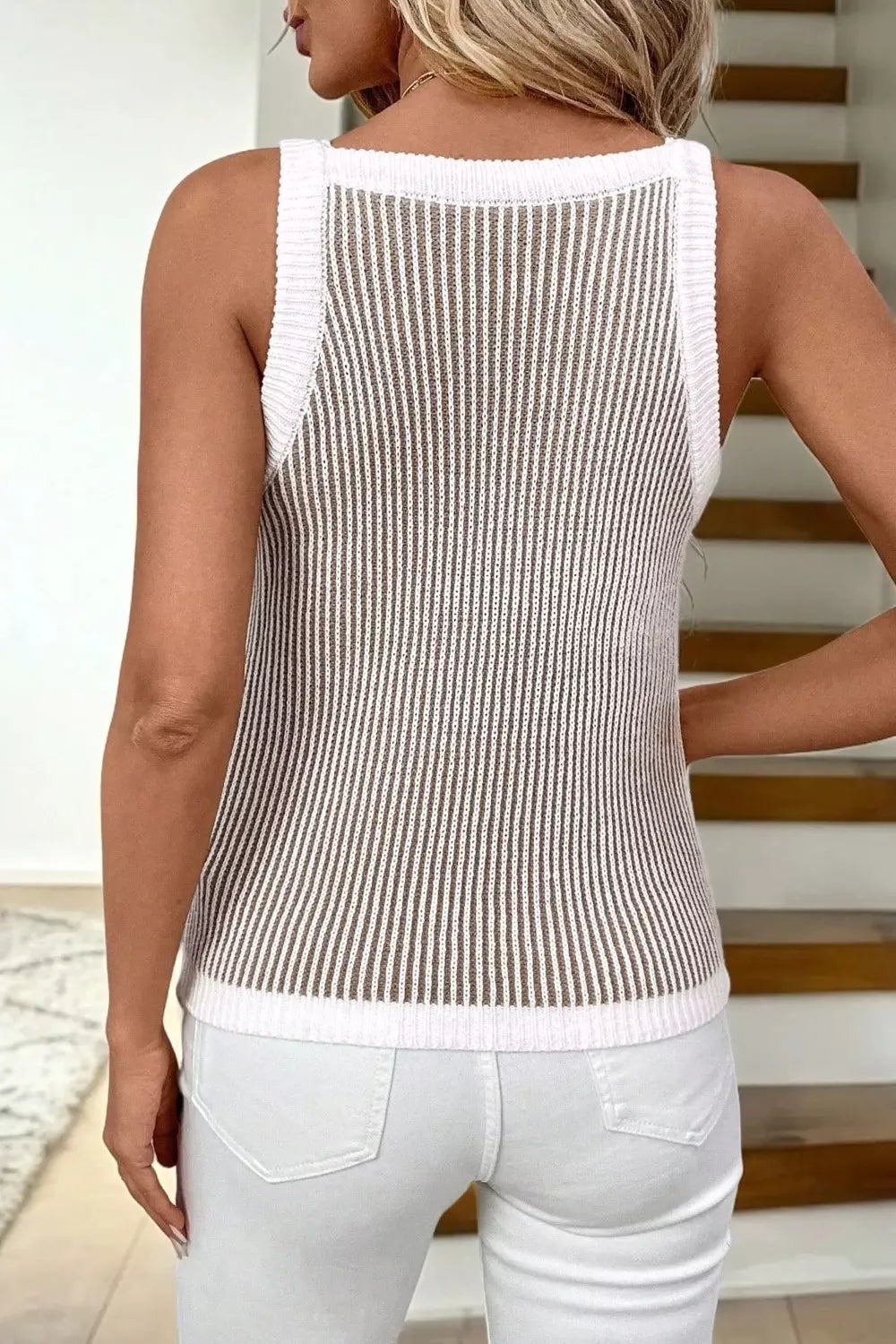 Mocha ribbed knit sweater tank with contrast trim, sleeveless design, fitted silhouette, casual style from Trendsi.