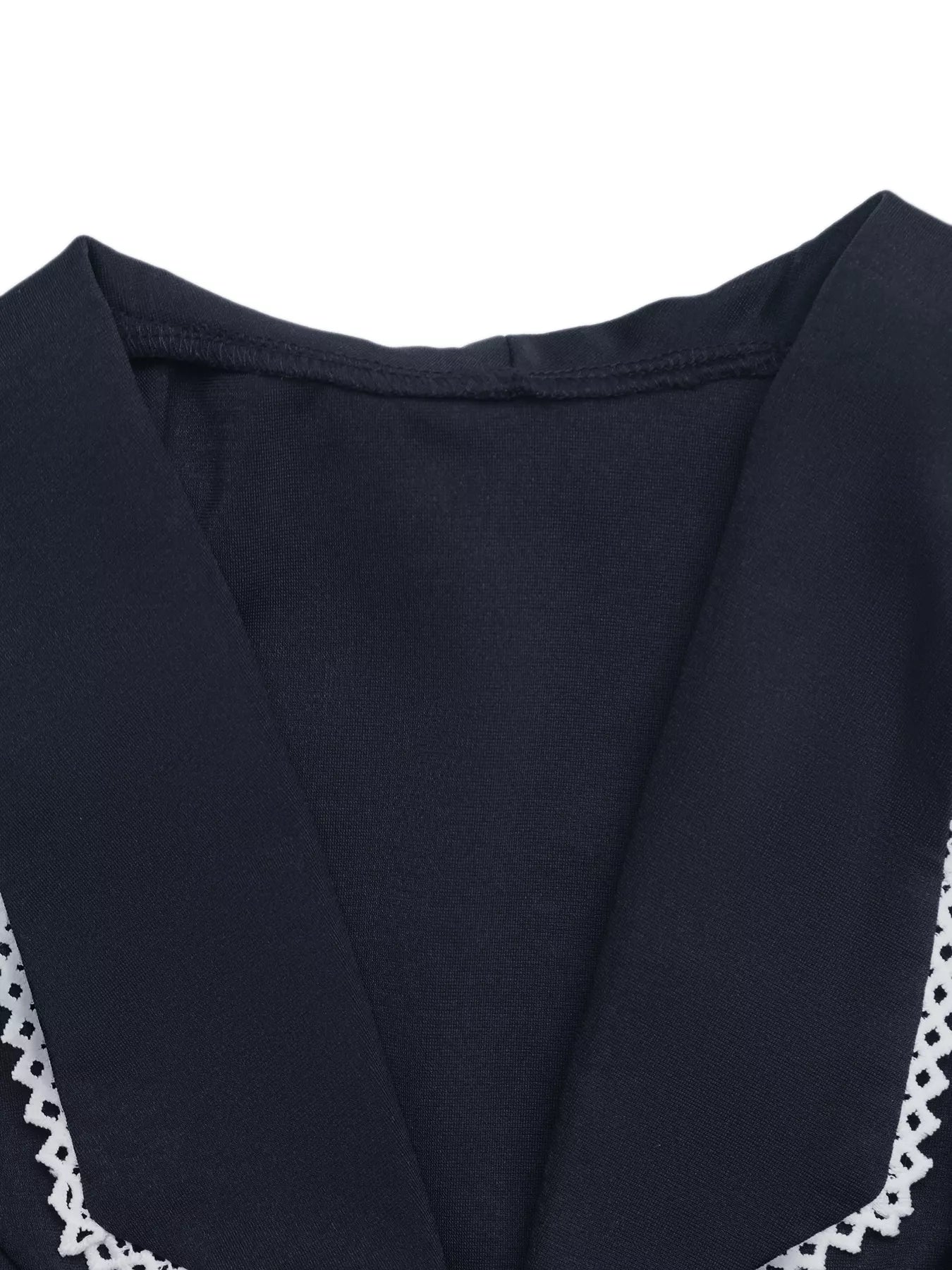 Navy blue lace trim tie-front vest from Trendsi, featuring lace details and a casual sleeveless design.