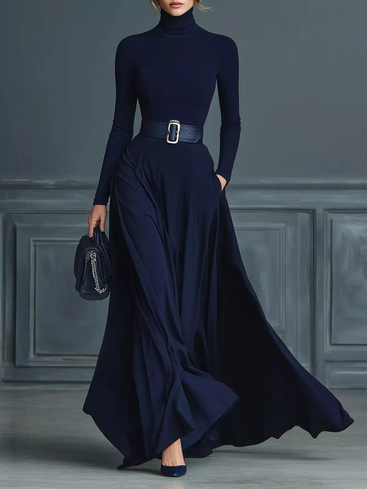 Navy Turtleneck Long Sleeve Maxi Dress by Trendsi, flowing and elegant with fitted long sleeves, perfect for stylish everyday wear.
