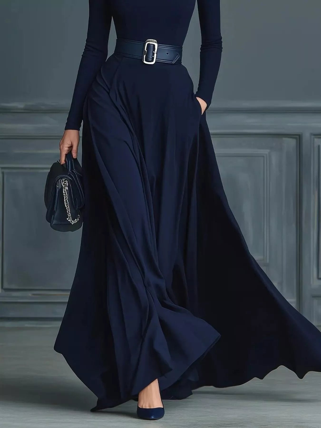 Navy turtleneck long sleeve maxi dress by Trendsi, flowing fabric, fitted bodice, and full-length design for elegant style