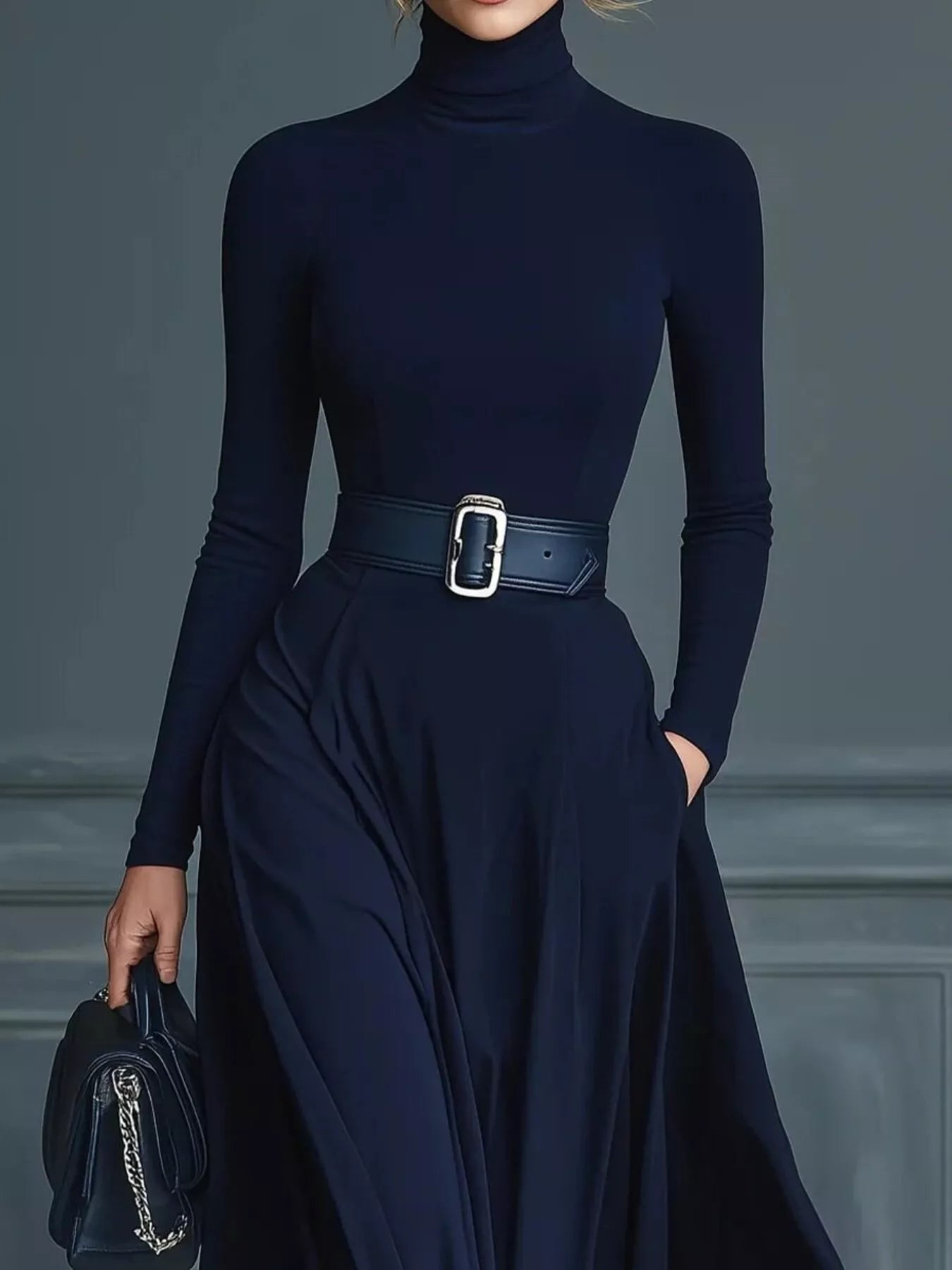 Navy turtleneck long sleeve maxi dress by Trendsi, flowing maxi length, fitted bodice, perfect for elegant casual wear.