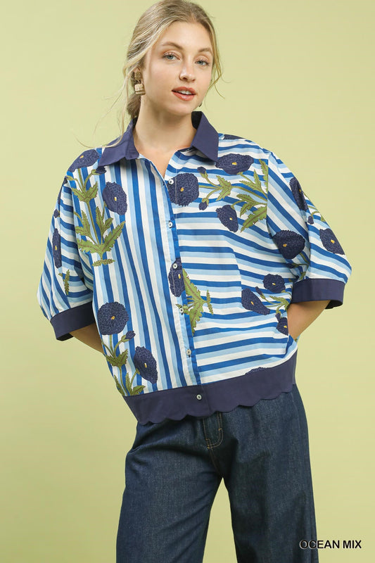 Umgee floral and stripe button-down top with long sleeves, featuring a mixed print design in ocean colors.
