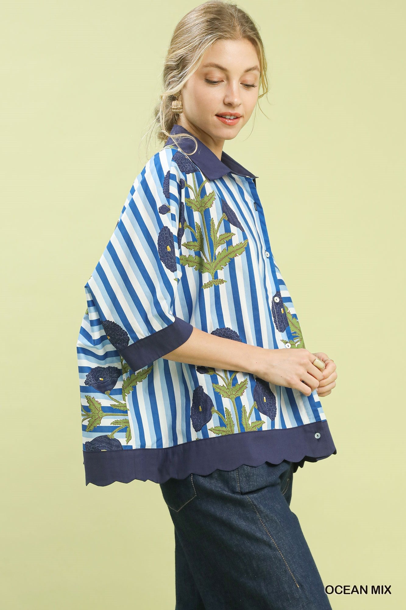 Umgee floral and stripe button-down top in ocean colors, featuring a mixed pattern and lightweight fabric.
