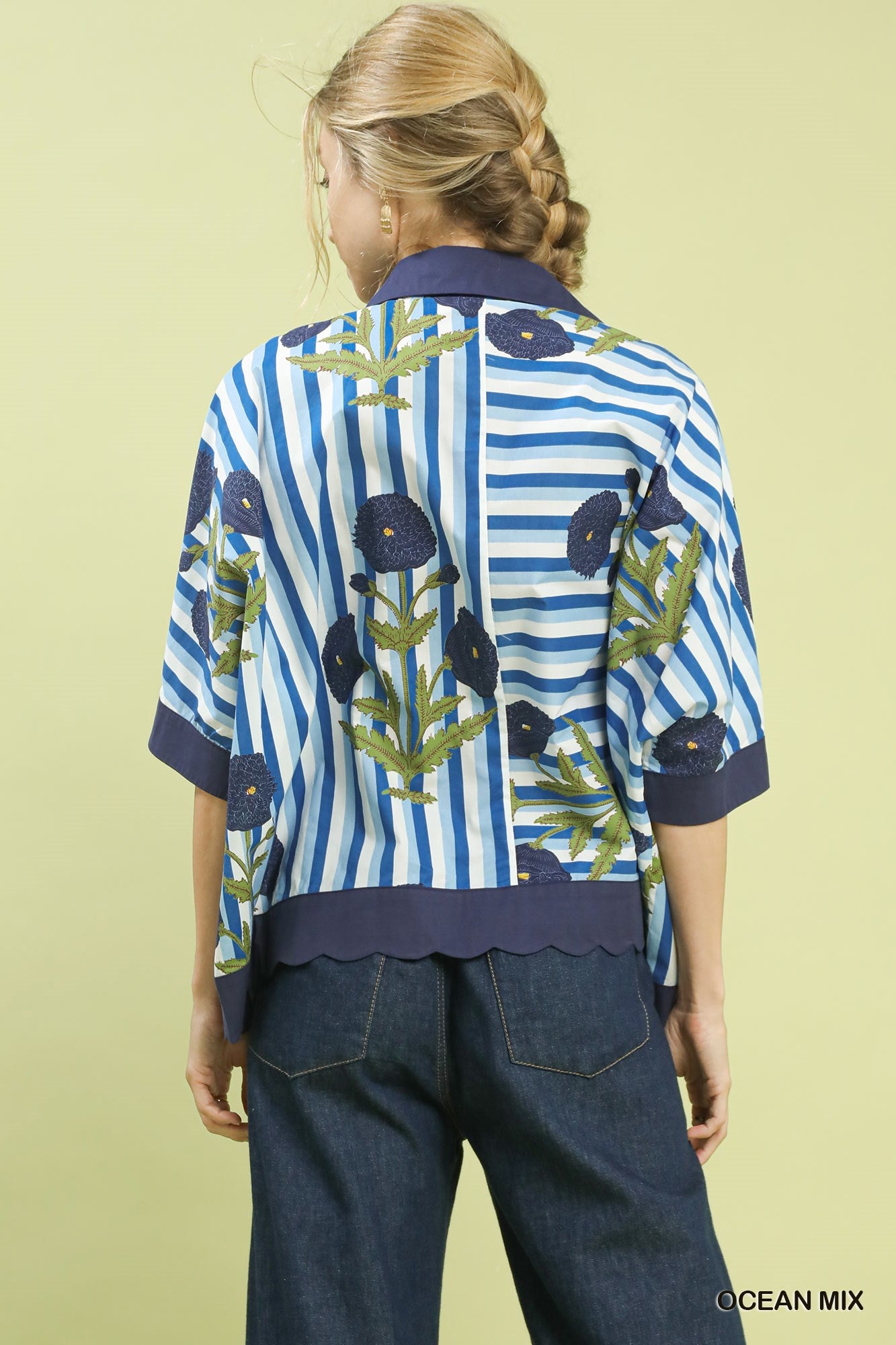 Umgee Mix Floral Stripe Button Down Top featuring a colorful floral and stripe pattern, long sleeves, and classic collar.