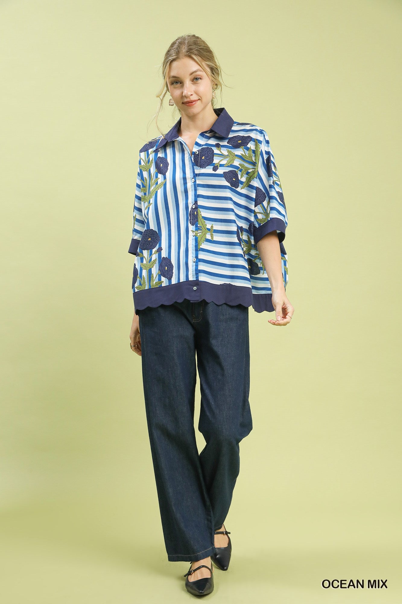 Umgee floral and stripe button-down top featuring a mix of floral and striped patterns, casual and stylish for everyday wear.