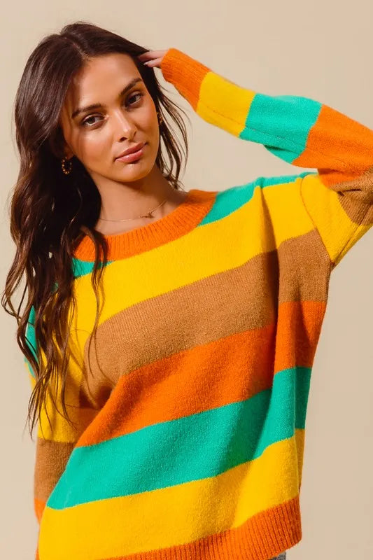 Multi-color striped sweater by Trendsi featuring ribbed details, soft knit fabric, and a cozy, casual fit.