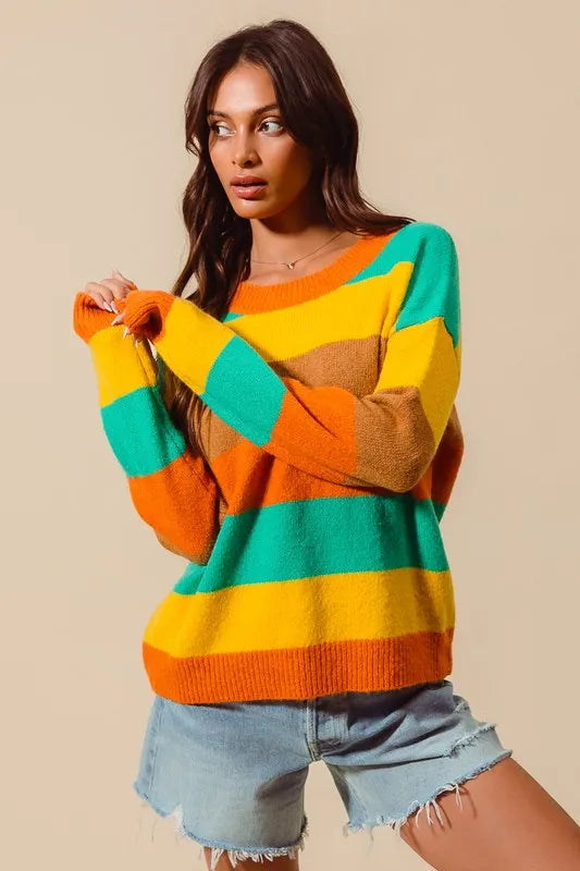 Multi-color stripe sweater by Trendsi featuring ribbed details, showcasing its vibrant design and cozy knit fabric.