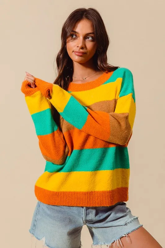 Trendsi SO ME multi-color stripe sweater with ribbed details, featuring vibrant horizontal stripes and cozy knit texture.