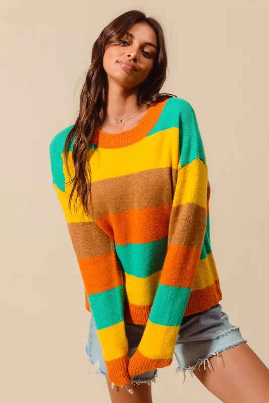 Trendsi SO ME multi-color stripe sweater with ribbed details, showcasing vibrant horizontal stripes and cozy knit fabric.