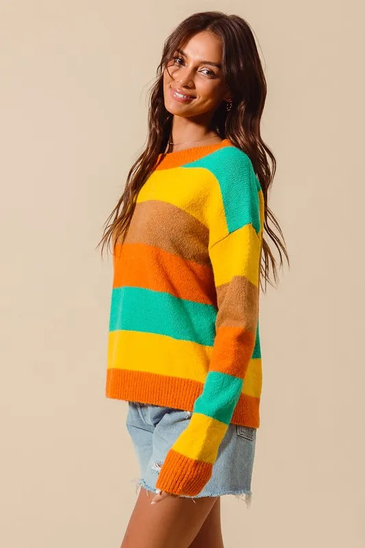 Trendsi SO ME multi-color stripe sweater with ribbed detail, featuring bold stripes and cozy knit fabric for casual wear.