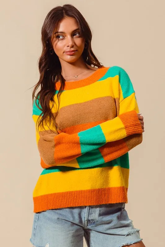 Multi-color stripe sweater by Trendsi with ribbed detailing, featuring vibrant colors and a cozy, stylish fit.
