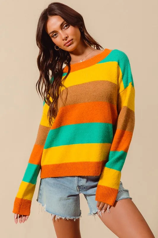 Multi-color striped sweater with ribbed details from SO ME by Trendsi, showcasing vibrant stripes and textured knit fabric.