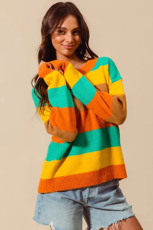 Trendsi SO ME multi-color stripe sweater with ribbed detail, featuring vibrant colors and cozy knit fabric.